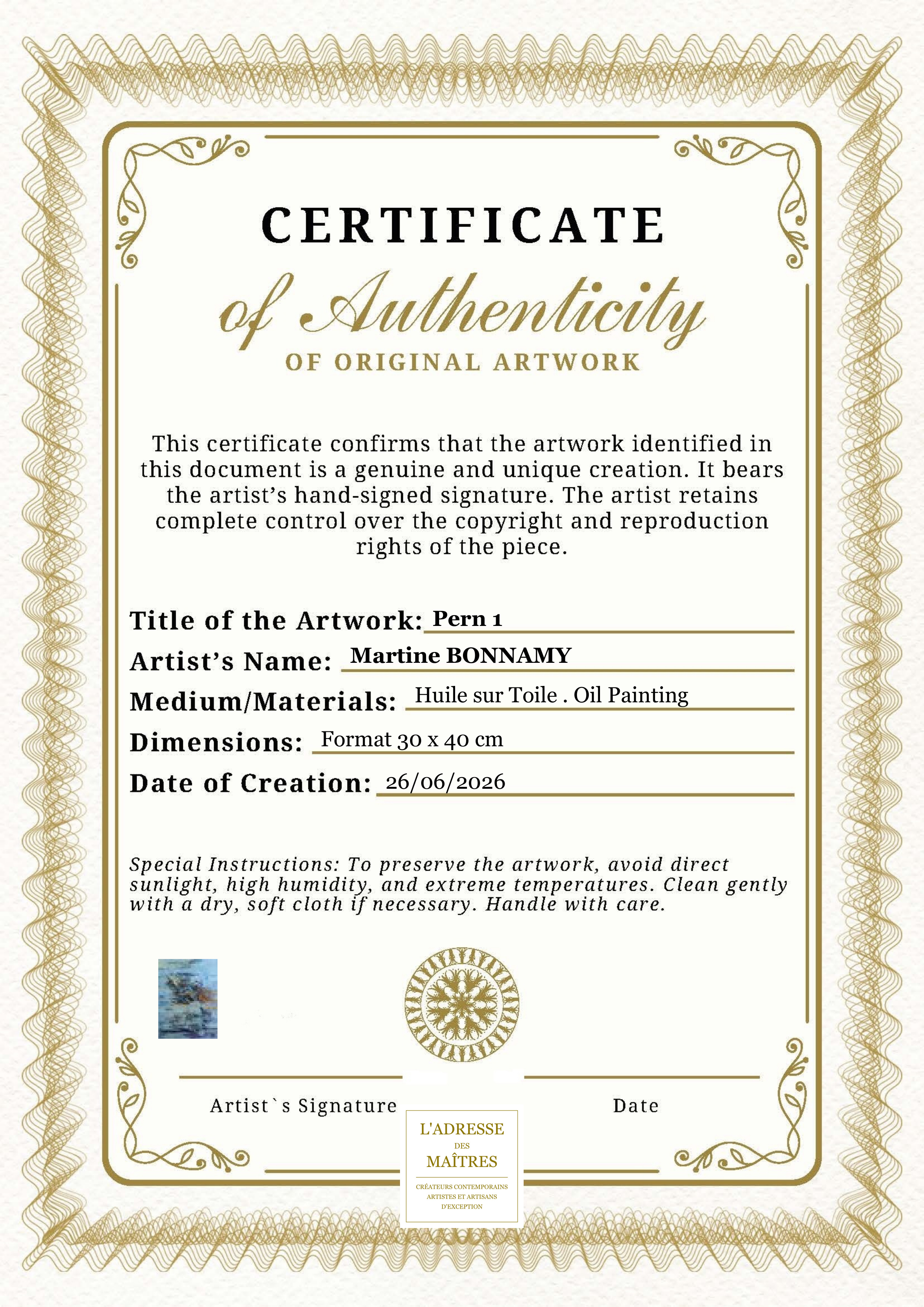 Certificat d'authenticité — Pern 1 — Martine BONNAMY
