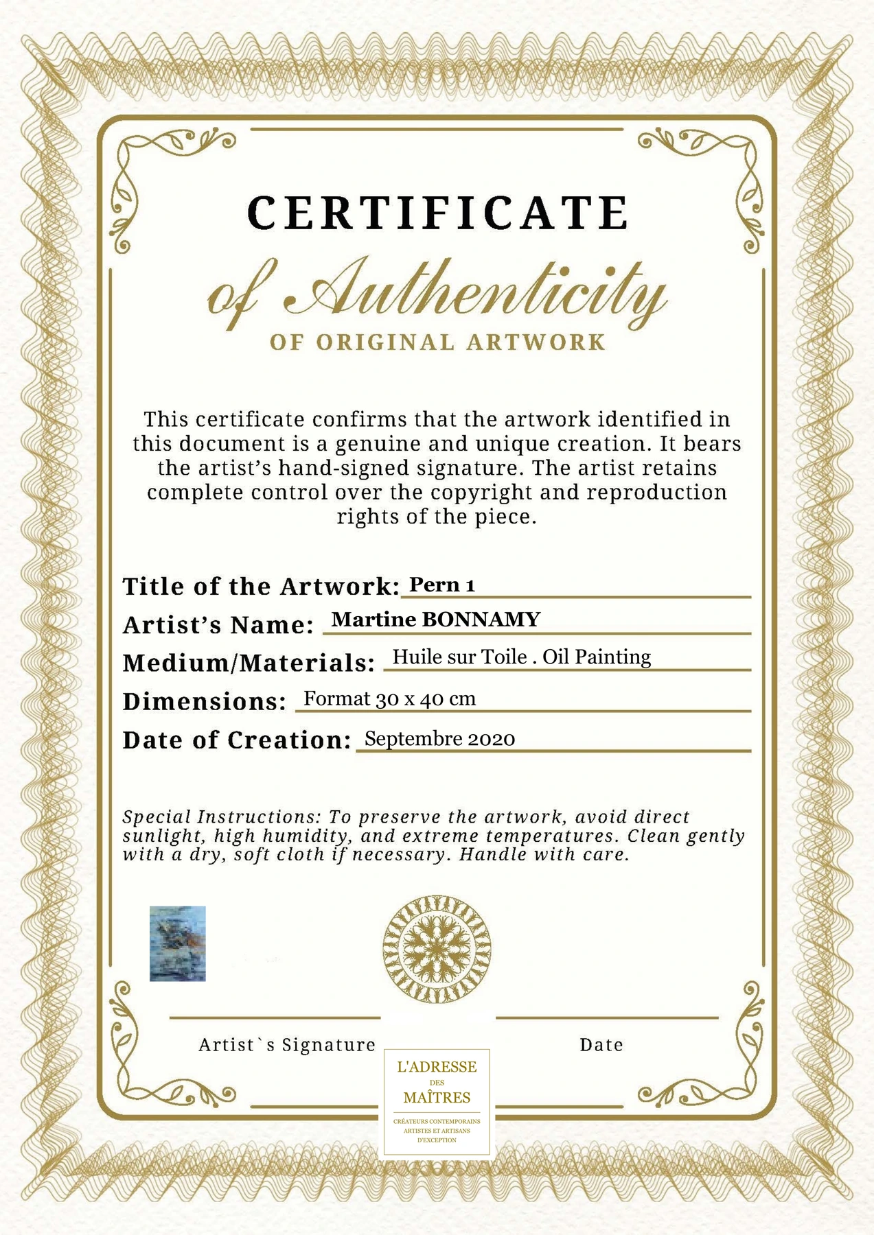 Certificat d'authenticité - Pern 1 - Martine BONNAMY