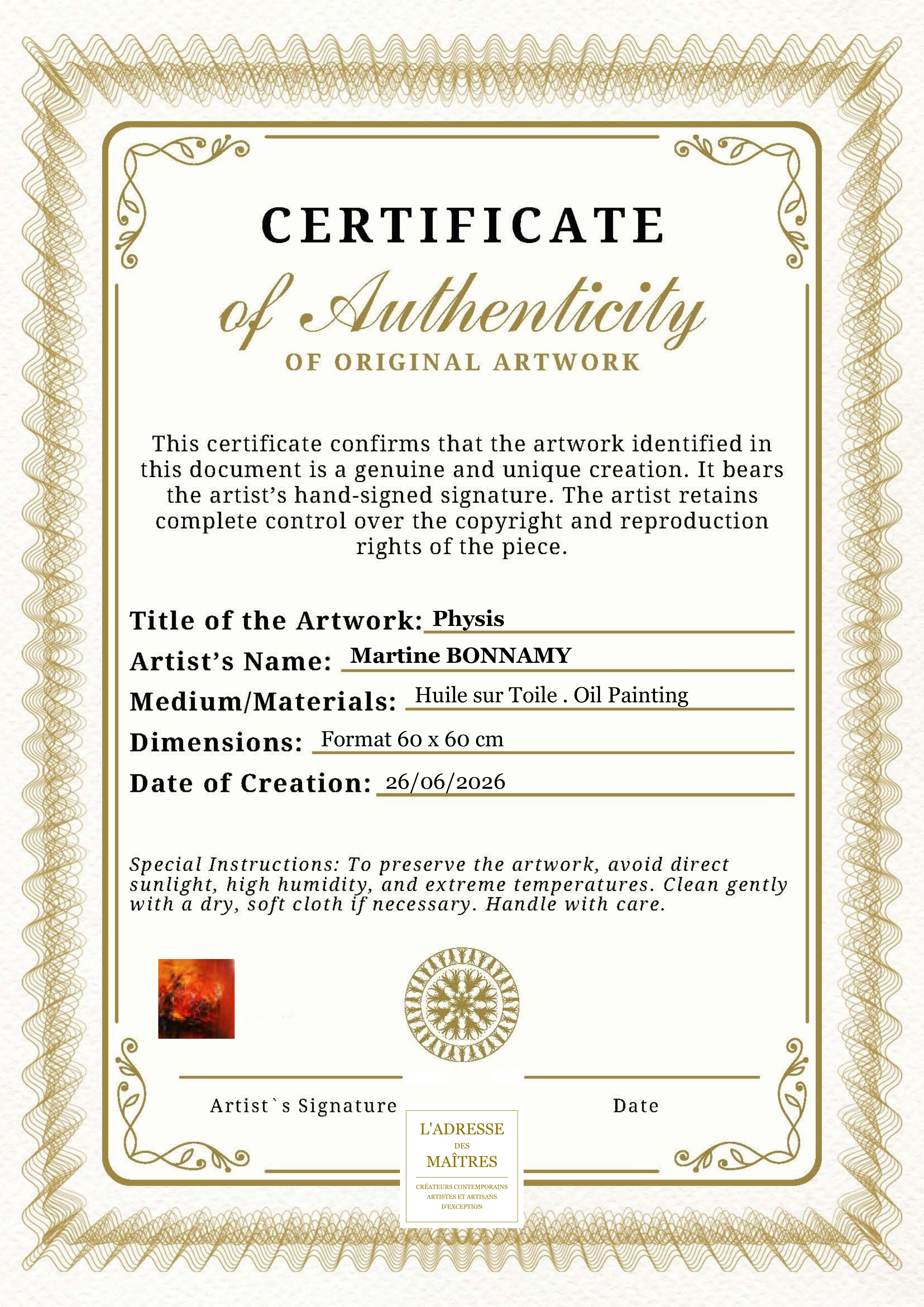 Certificat d'authenticité — Physis — Martine BONNAMY