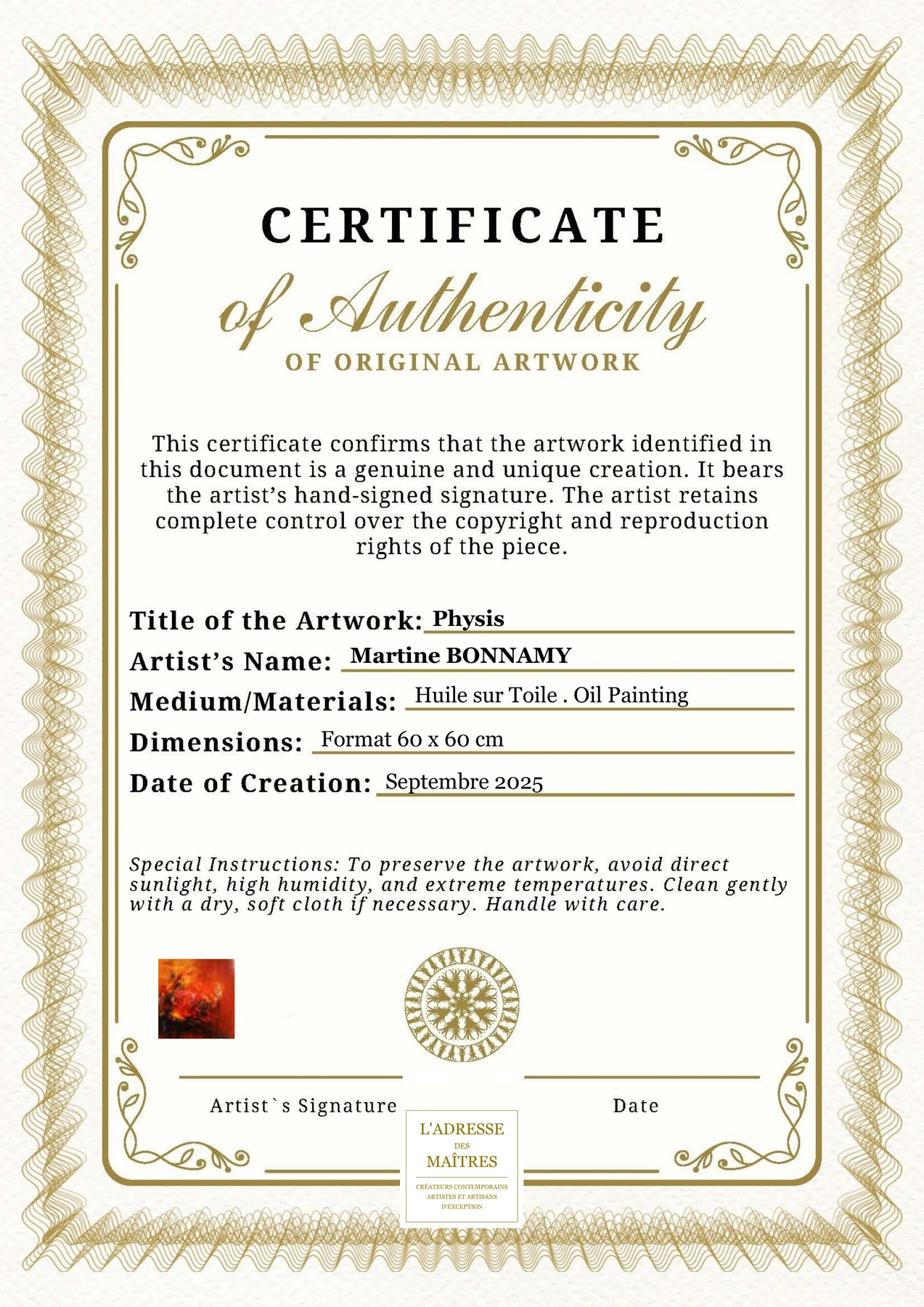 Certificat d'authenticité - Physis - Martine BONNAMY