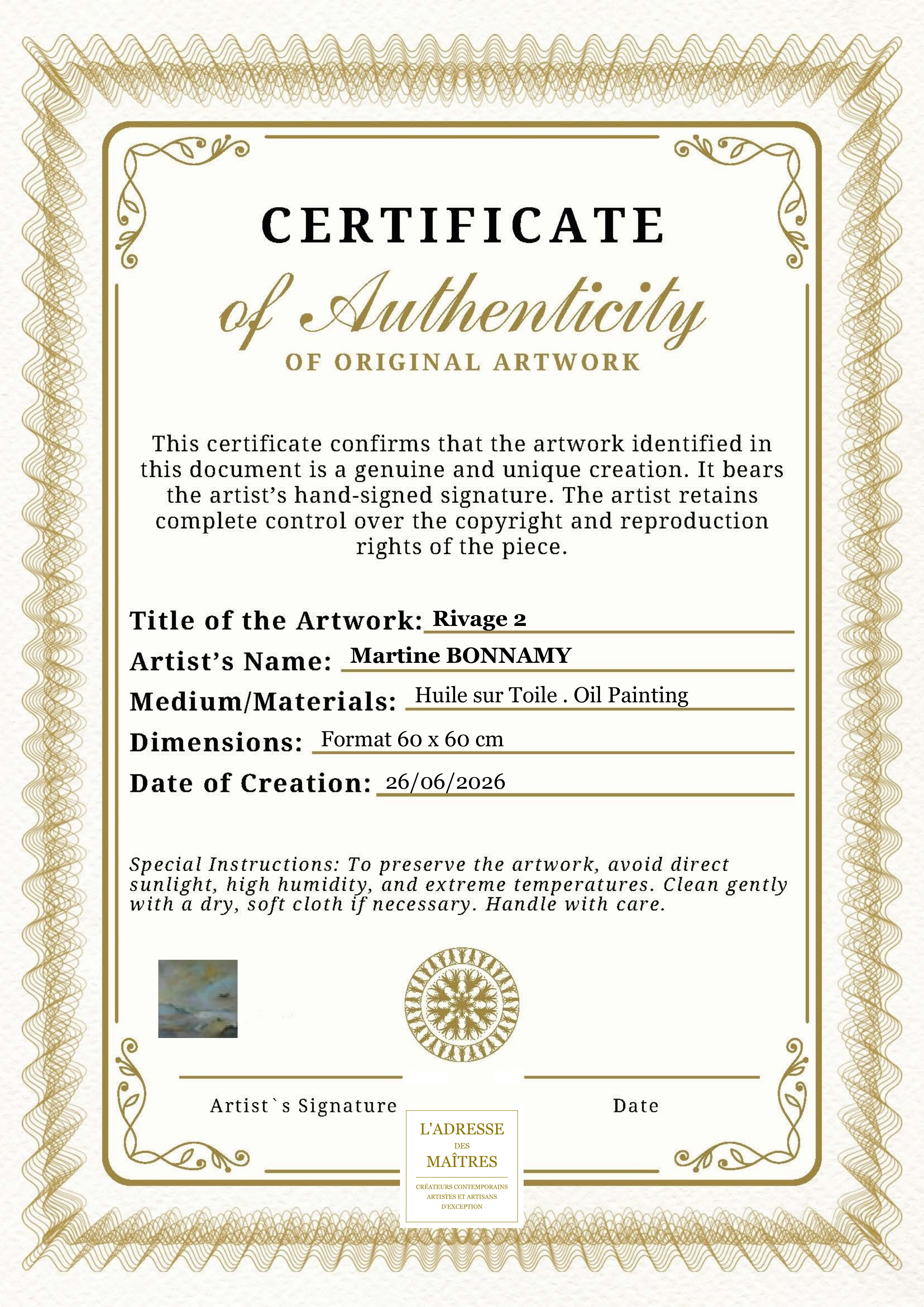 Certificat d'authenticité — Rivage 2 — Martine BONNAMY