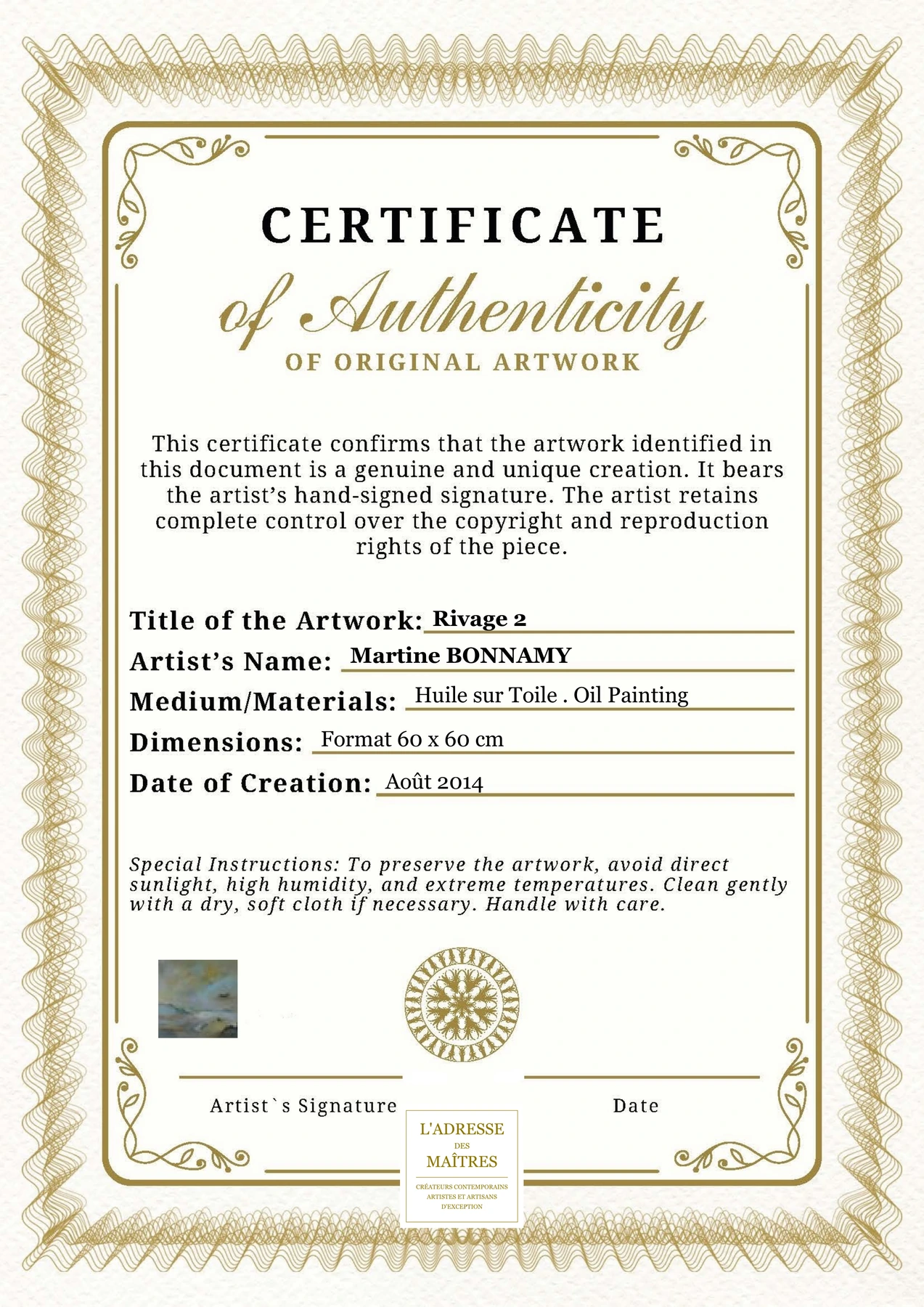 Certificat d'authenticité - Rivage 2 - Martine BONNAMY