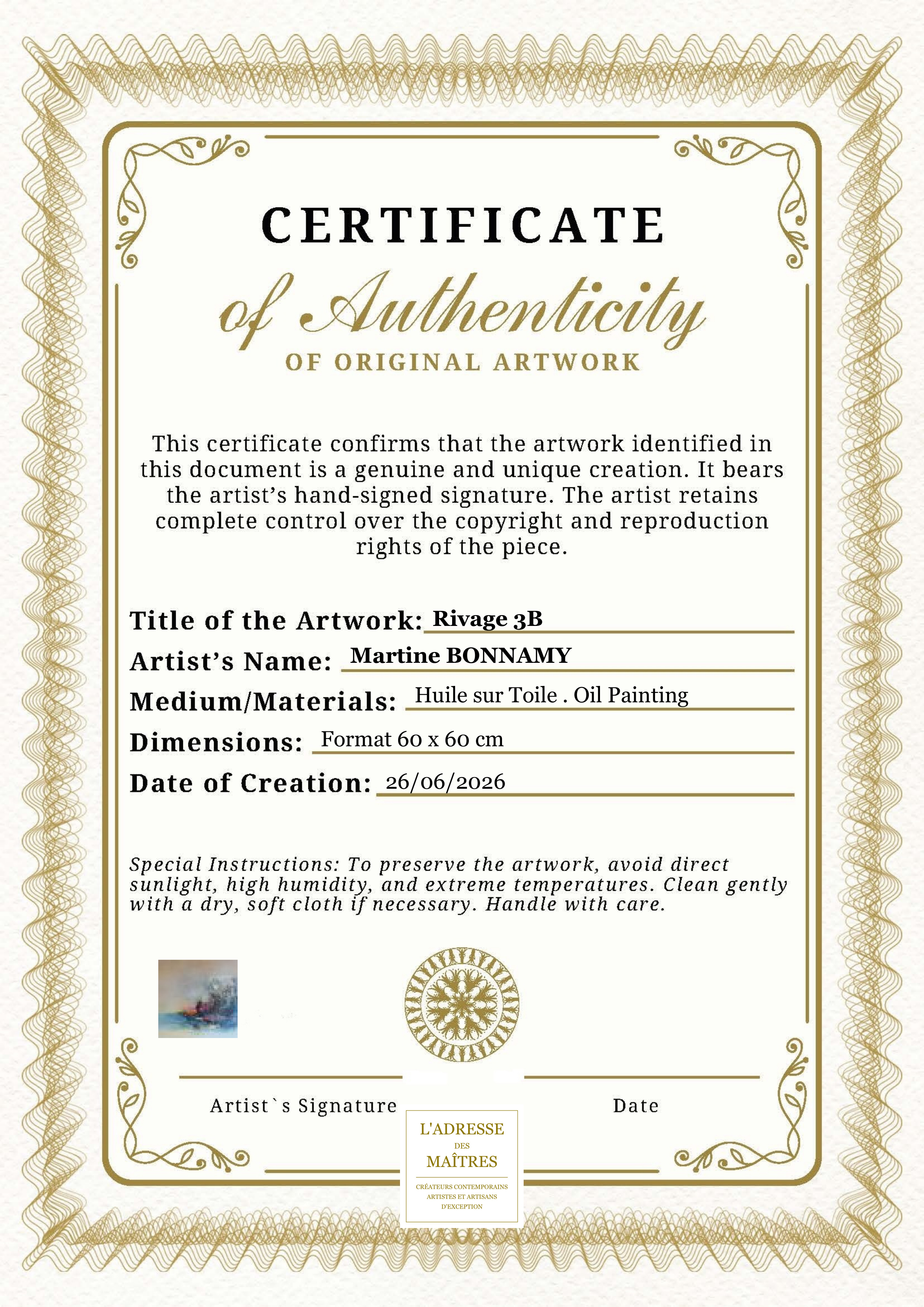 Certificat d'authenticité — Rivage 3B — Martine BONNAMY