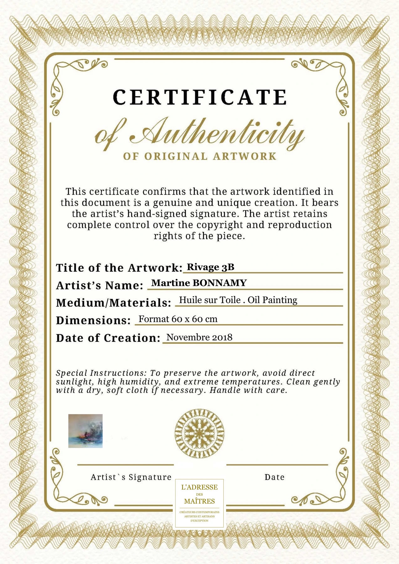 Certificat d'authenticité - Rivage 3B - Martine BONNAMY