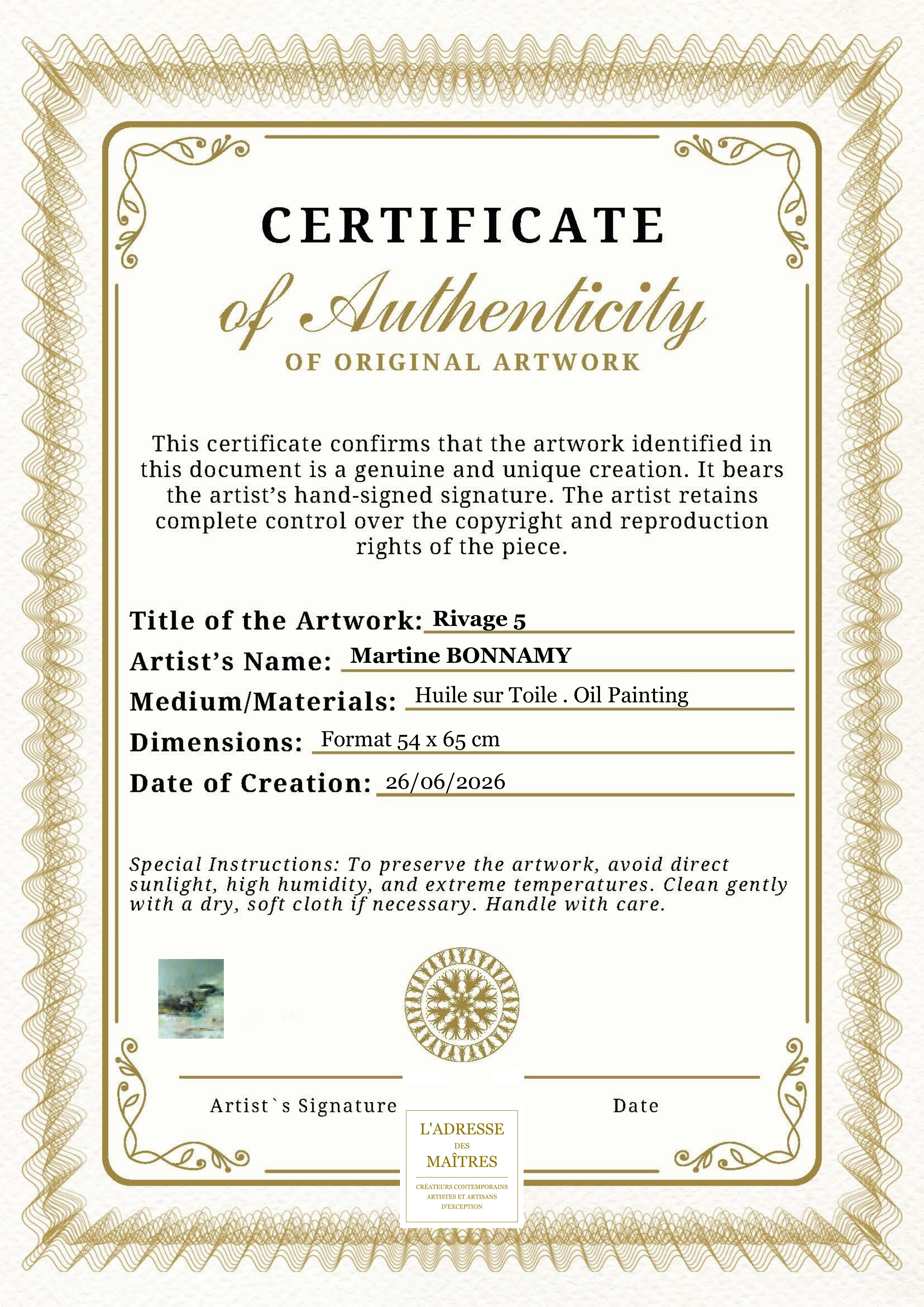 Certificat d'authenticité — Rivage 5 — Martine BONNAMY