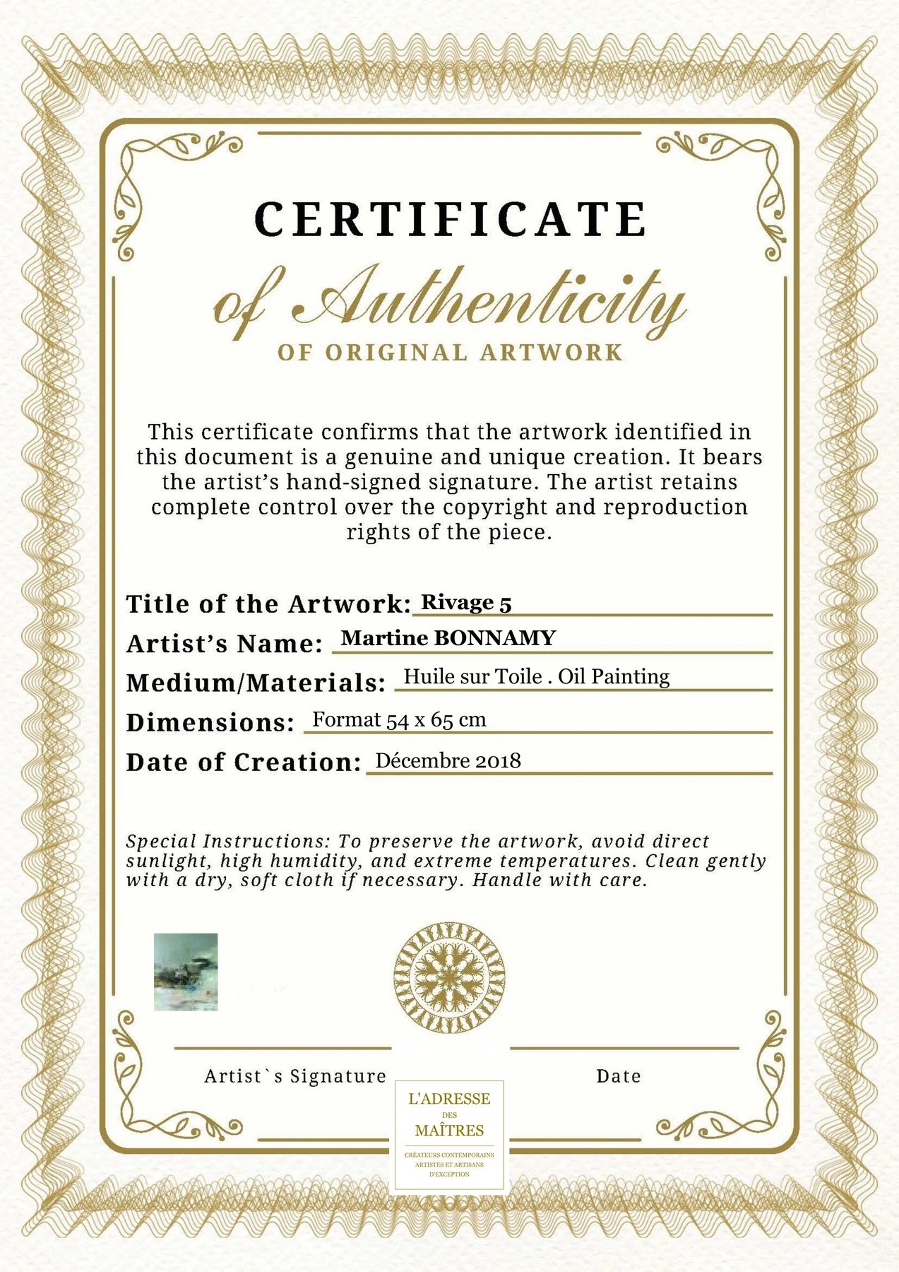 Certificat d'authenticité - Rivage 5 - Martine BONNAMY