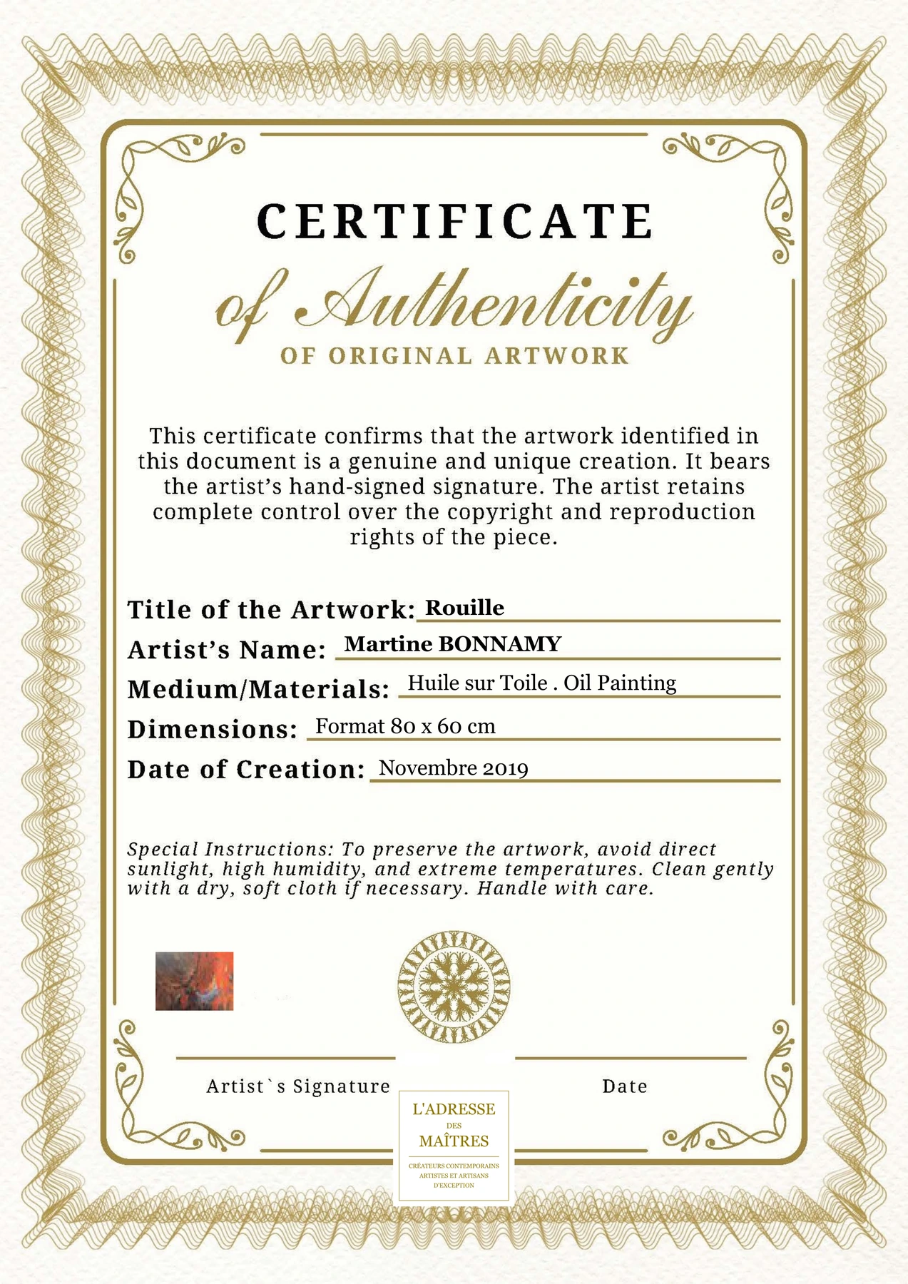 Certificat d'authenticité - Rouille - Martine BONNAMY