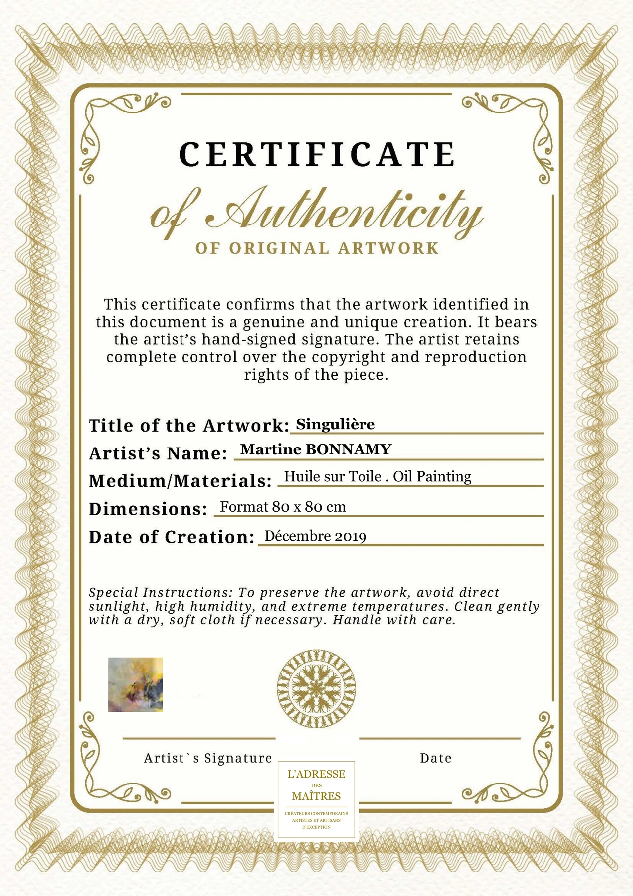 Certificat d'authenticité - Singulière - Martine BONNAMY