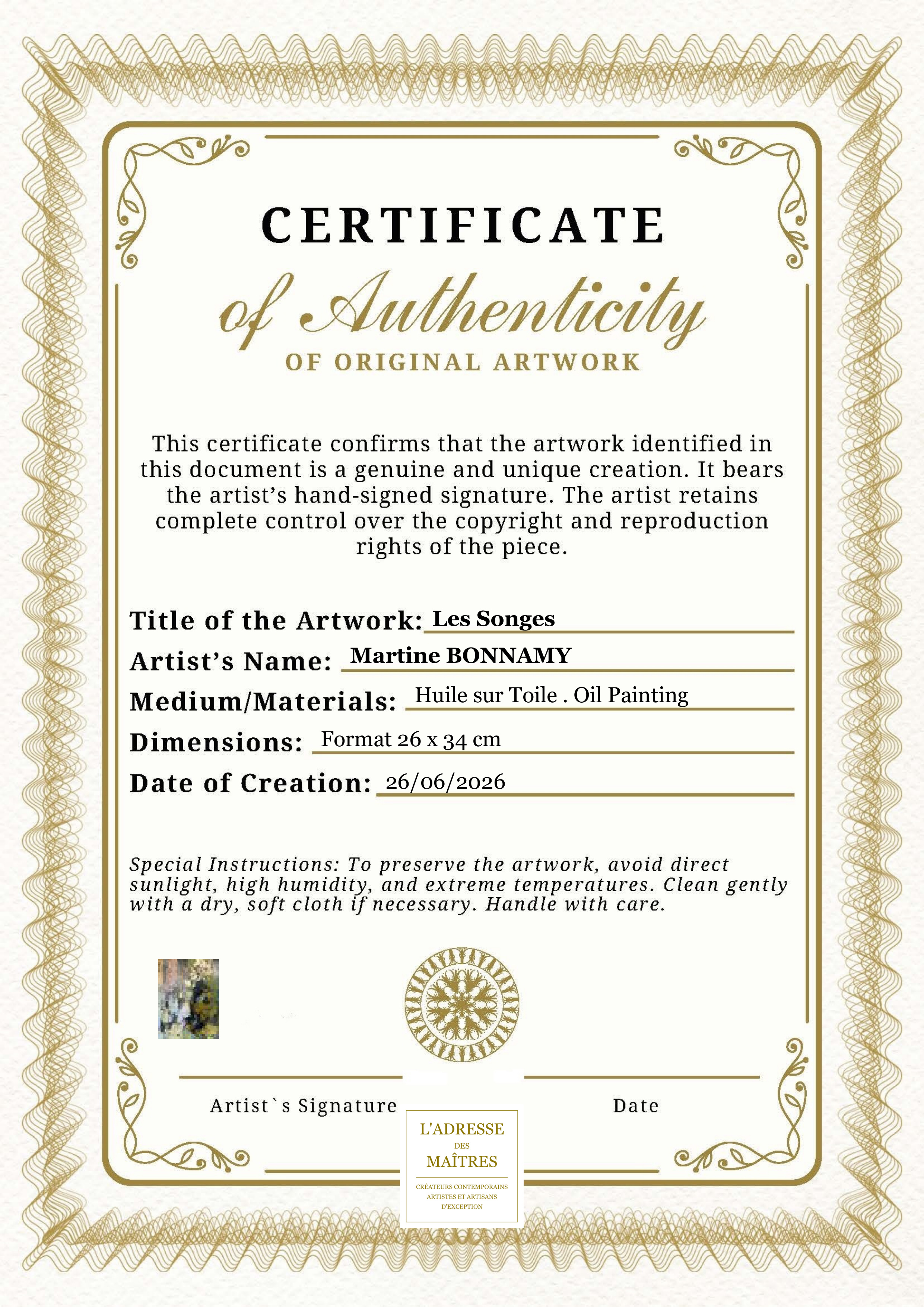 Certificat d'authenticité — Les Songes — Martine BONNAMY
