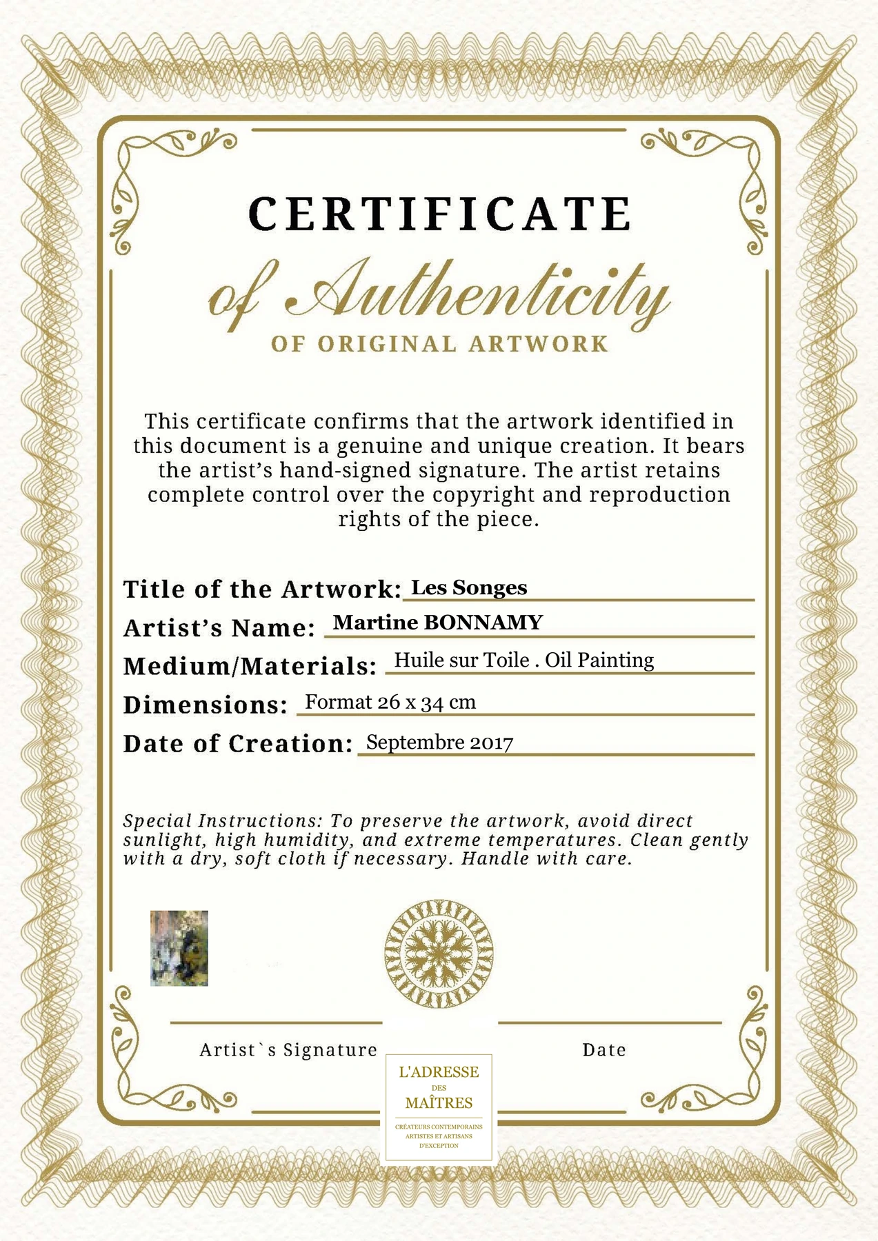 Certificat d'authenticité - Les Songes - Martine BONNAMY