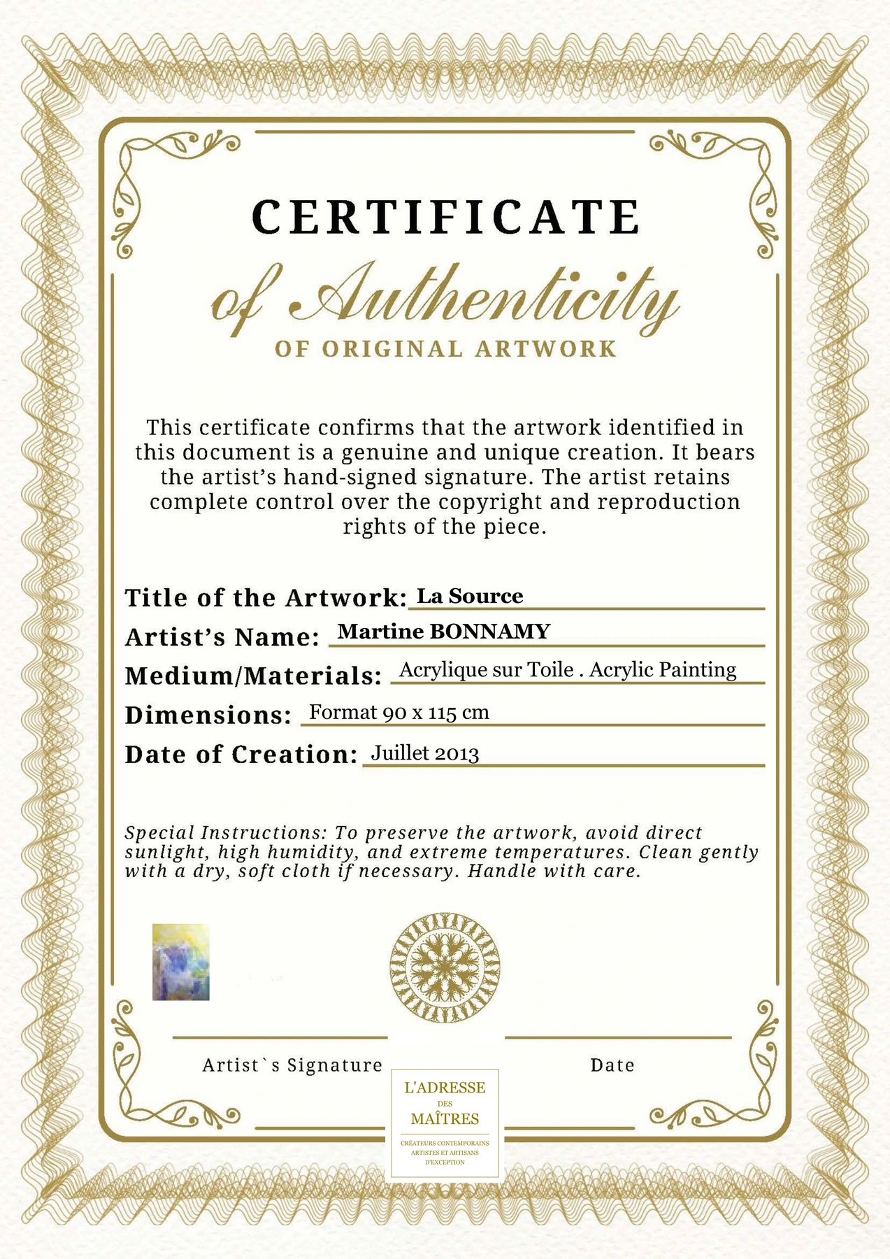 Certificat d'authenticité - La Source - Martine BONNAMY