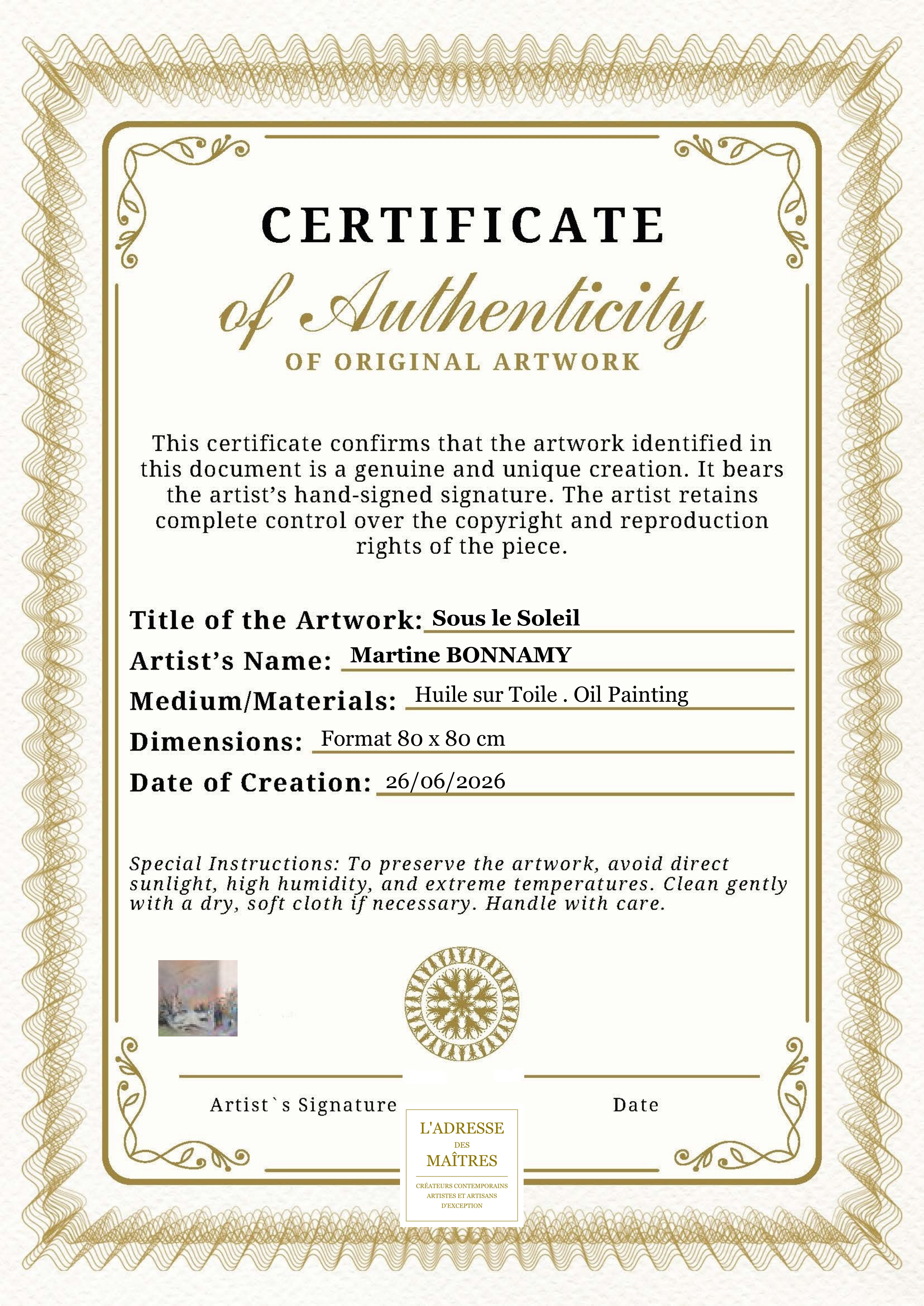 Certificat d'authenticité — Sous le Soleil — Martine BONNAMY