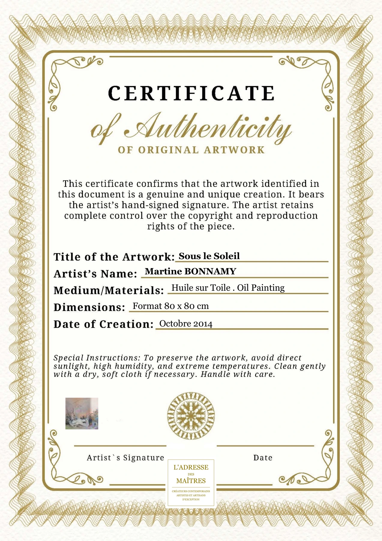 Certificat d'authenticité - Sous le Soleil - Martine BONNAMY