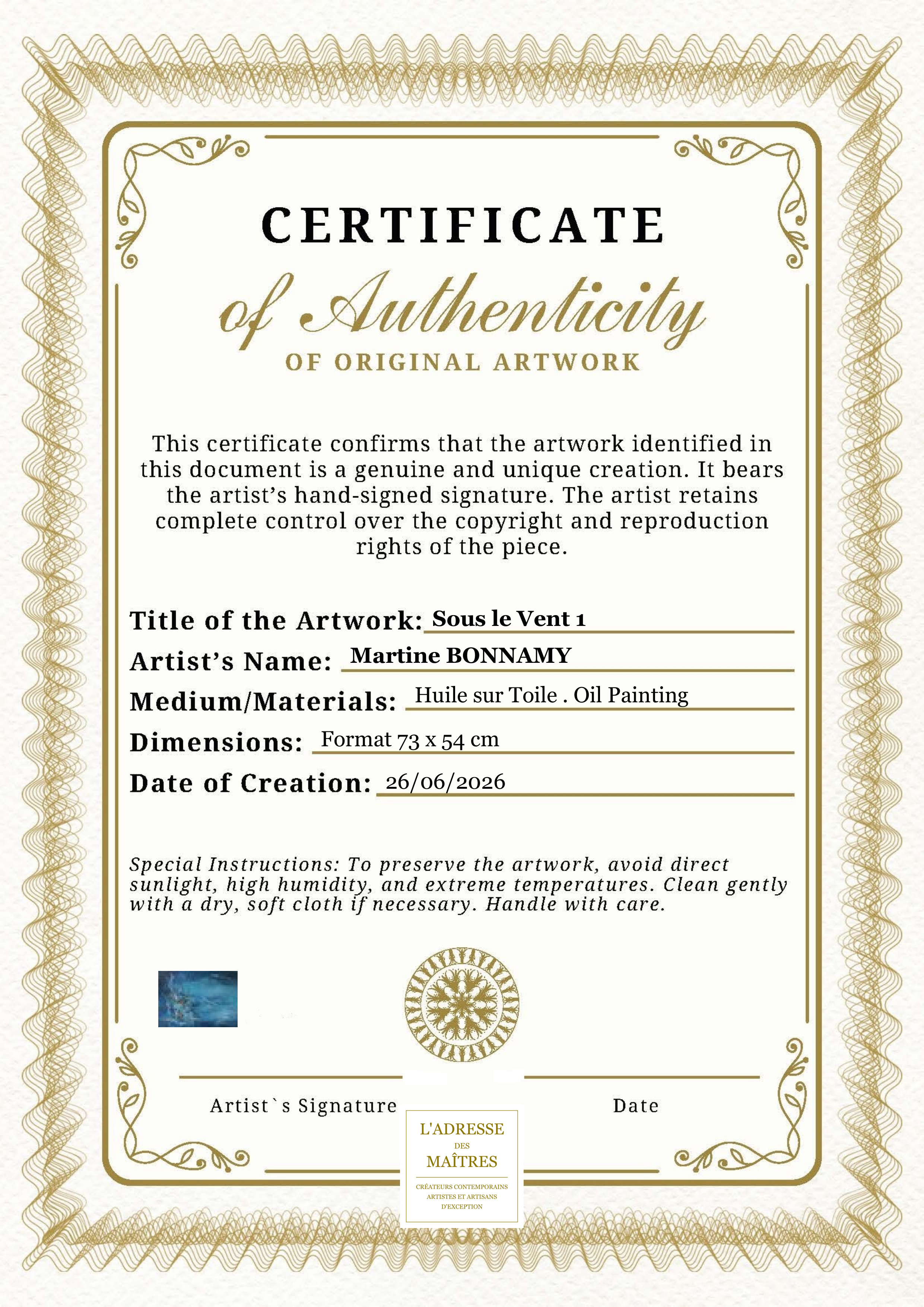 Certificat d'authenticité — Sous le Vent 1 — Martine BONNAMY