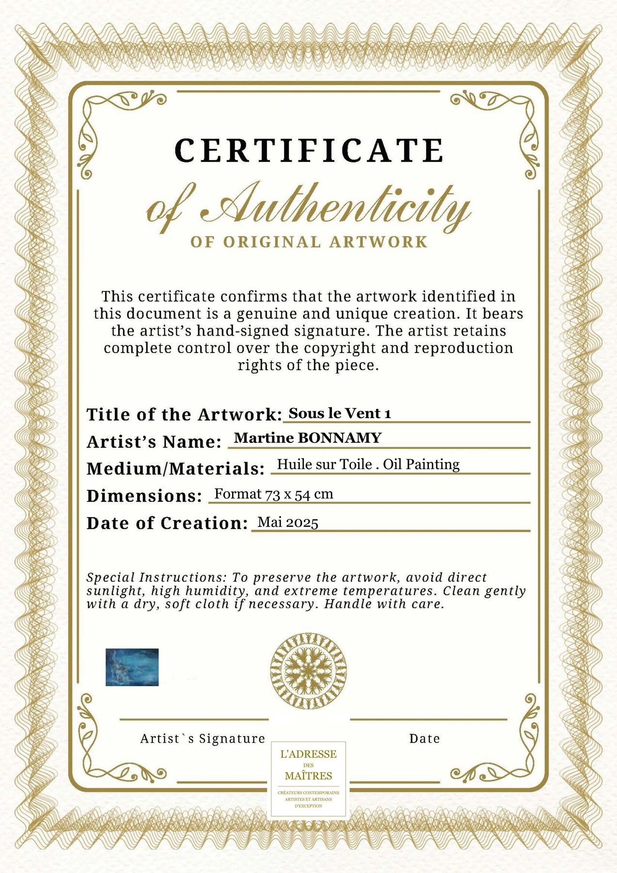 Certificat d'authenticité - Sous le Vent 1 - Martine BONNAMY