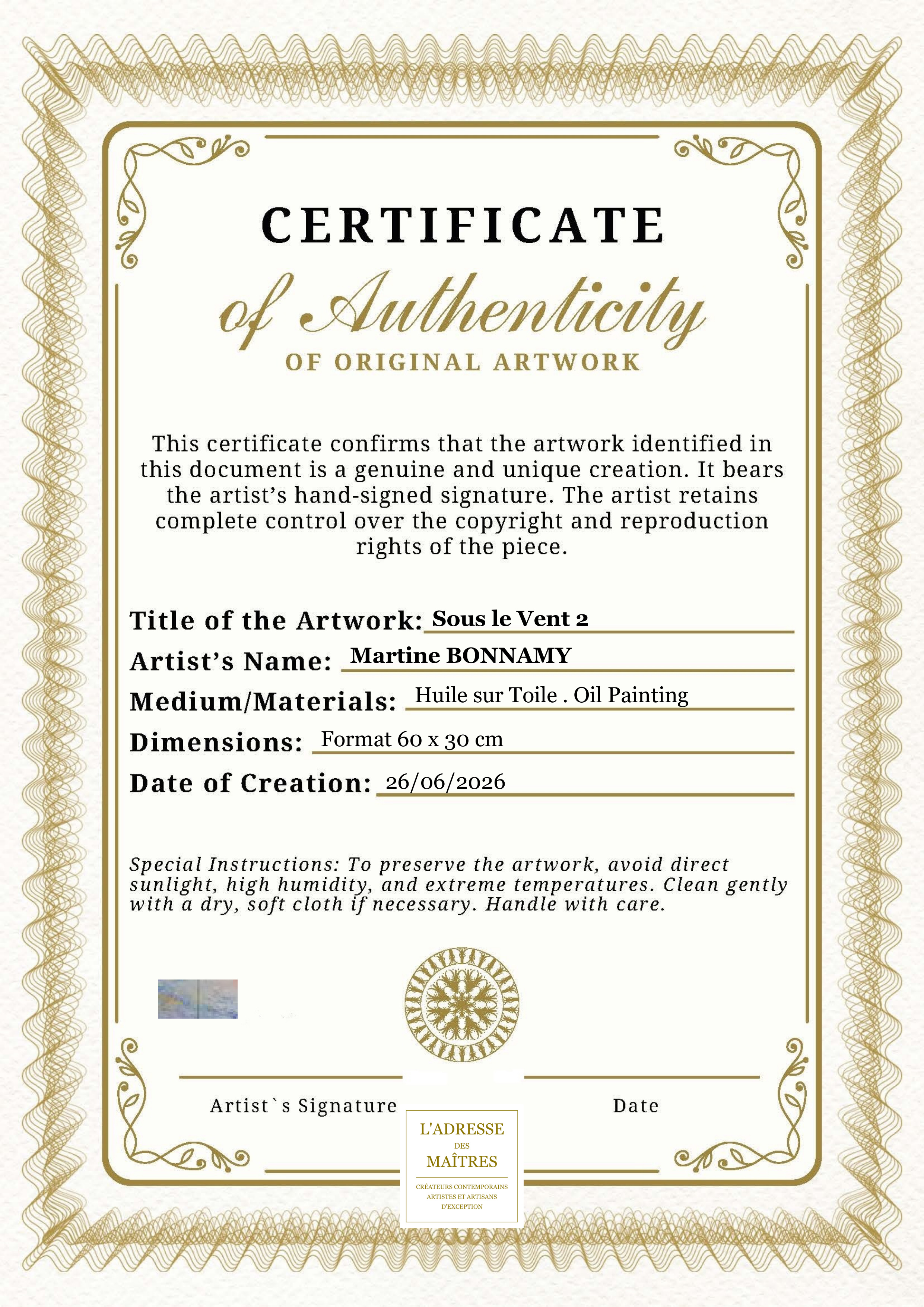 Certificat d'authenticité — Sous le Vent 2 — Martine BONNAMY