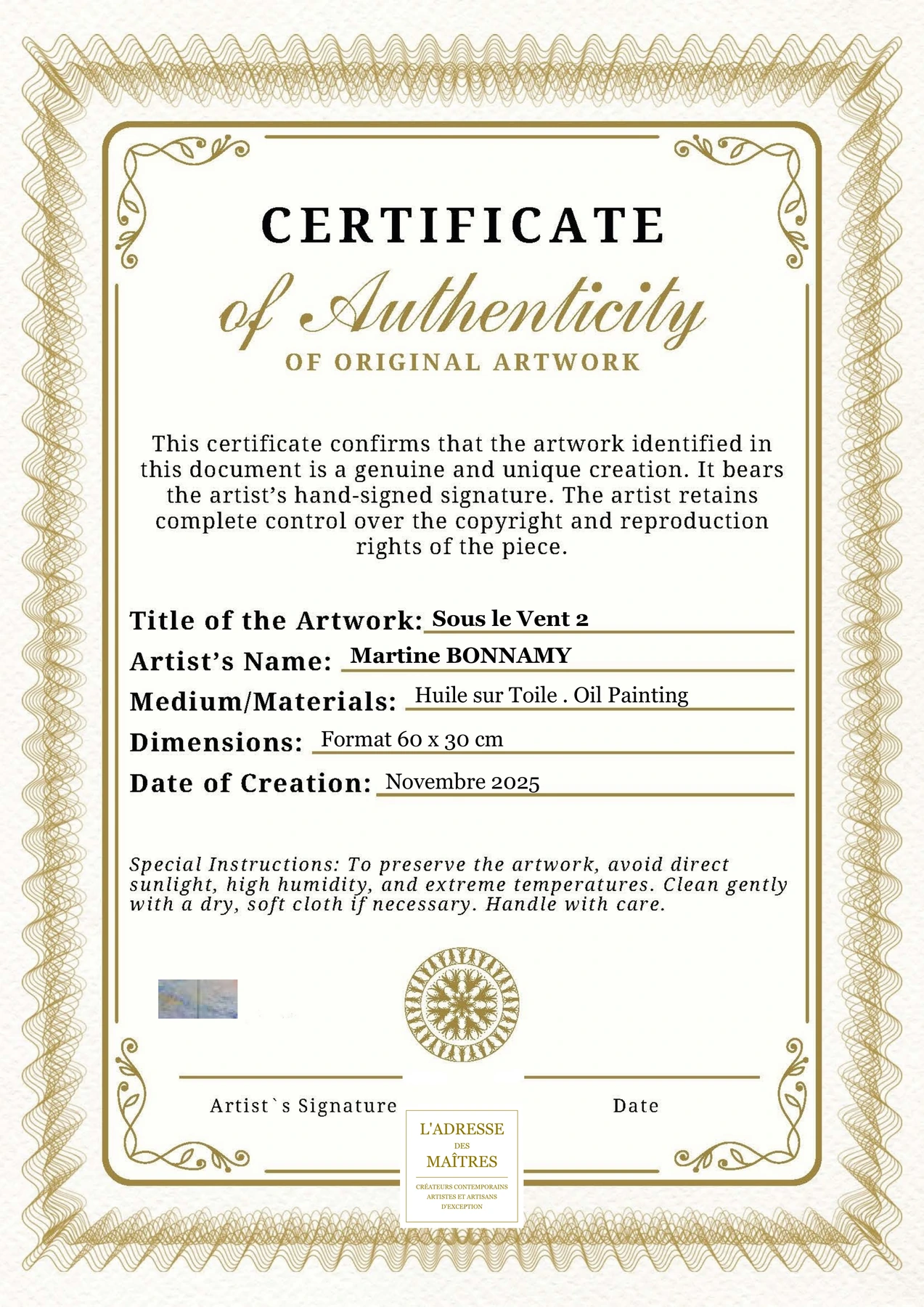 Certificat d'authenticité - Sous le Vent 2 - Martine BONNAMY