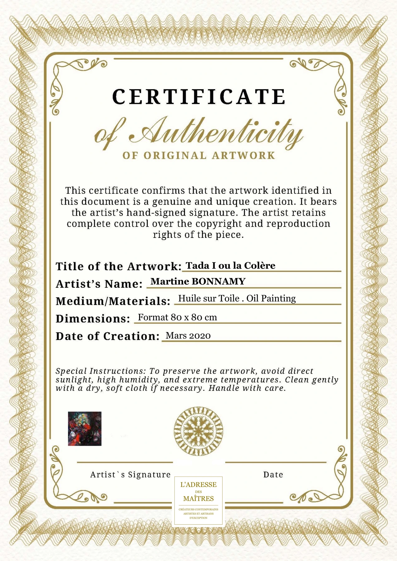 Certificat d'authenticité - Tada I ou la Colère - Martine BONNAMY