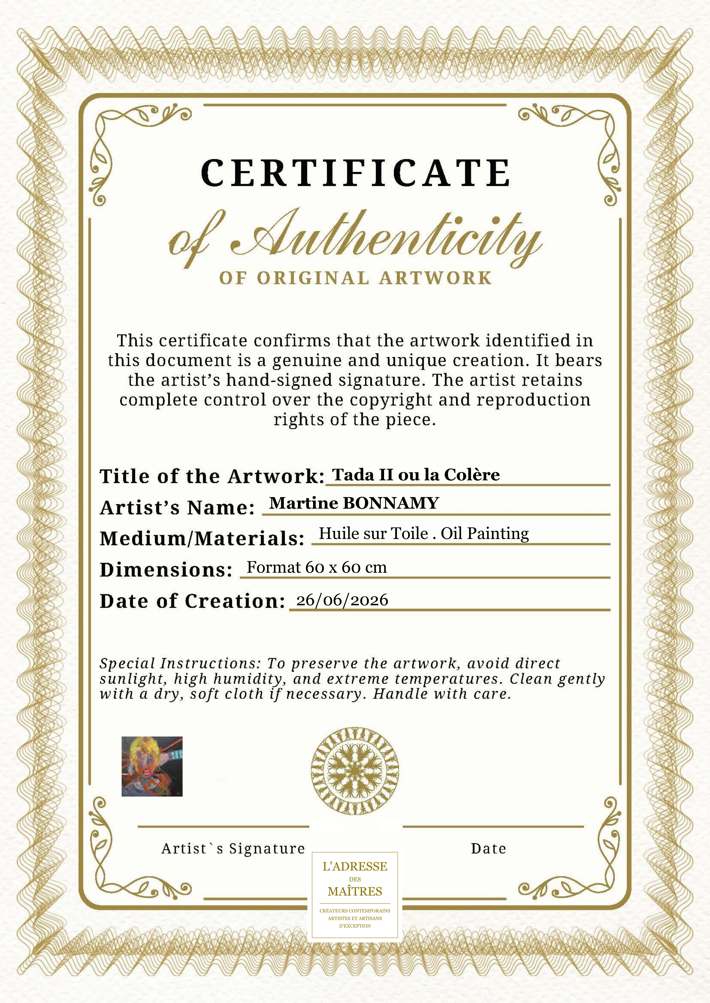 Certificat d'authenticité — Tada II ou la Colère — Martine BONNAMY