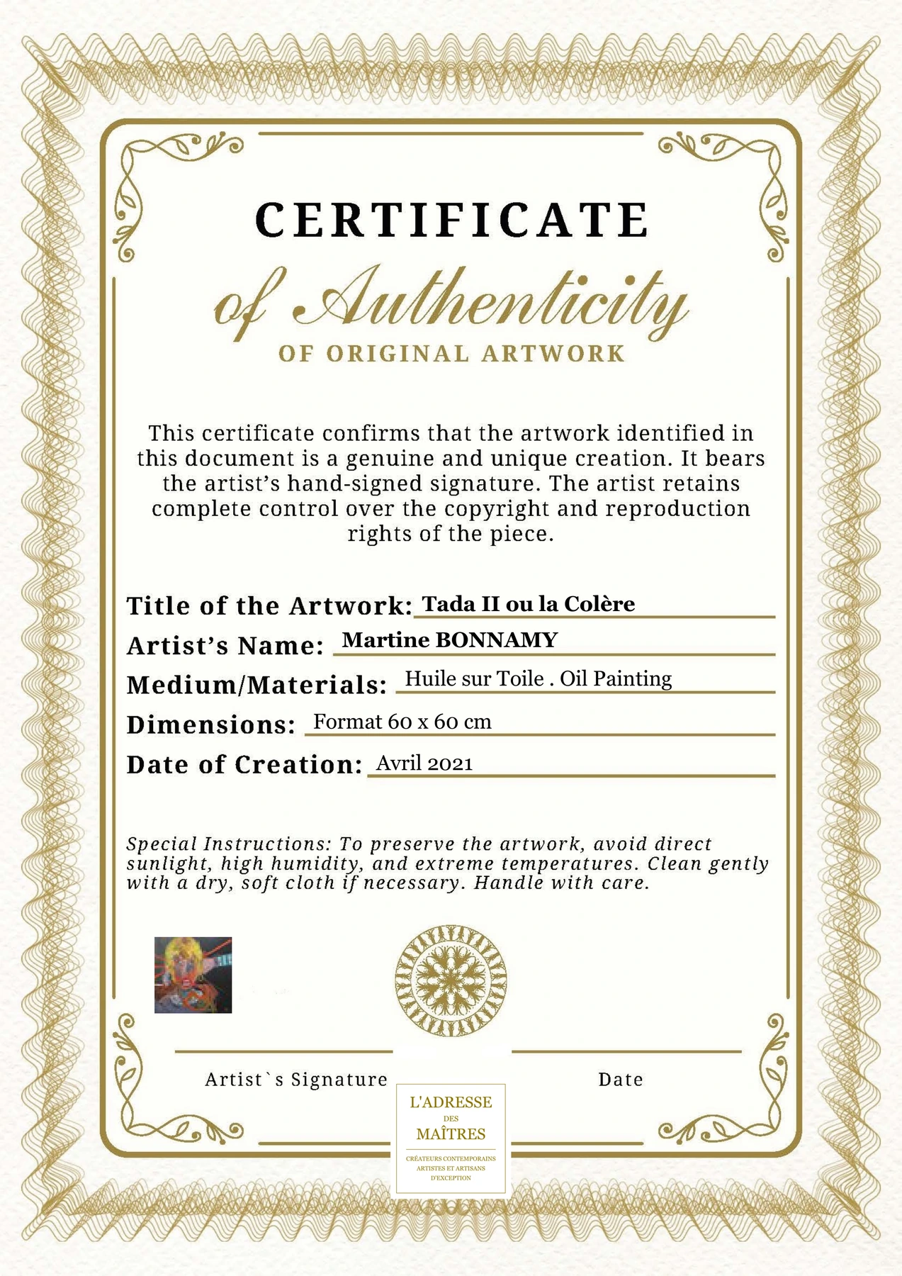 Certificat d'authenticité - Tada II ou la Colère - Martine BONNAMY
