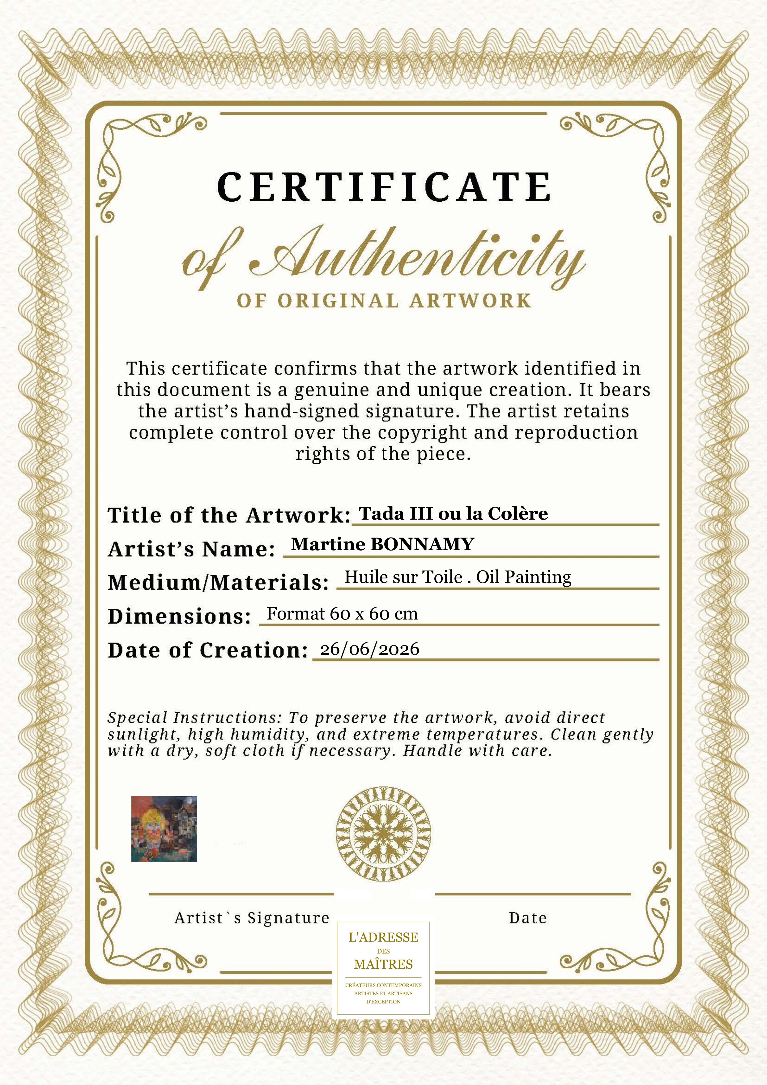 Certificat d'authenticité — Tada III ou la Colère — Martine BONNAMY