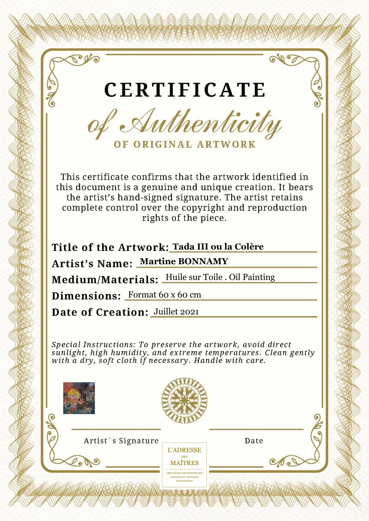 Certificat d'authenticité - Tada III ou la Colère - Martine BONNAMY
