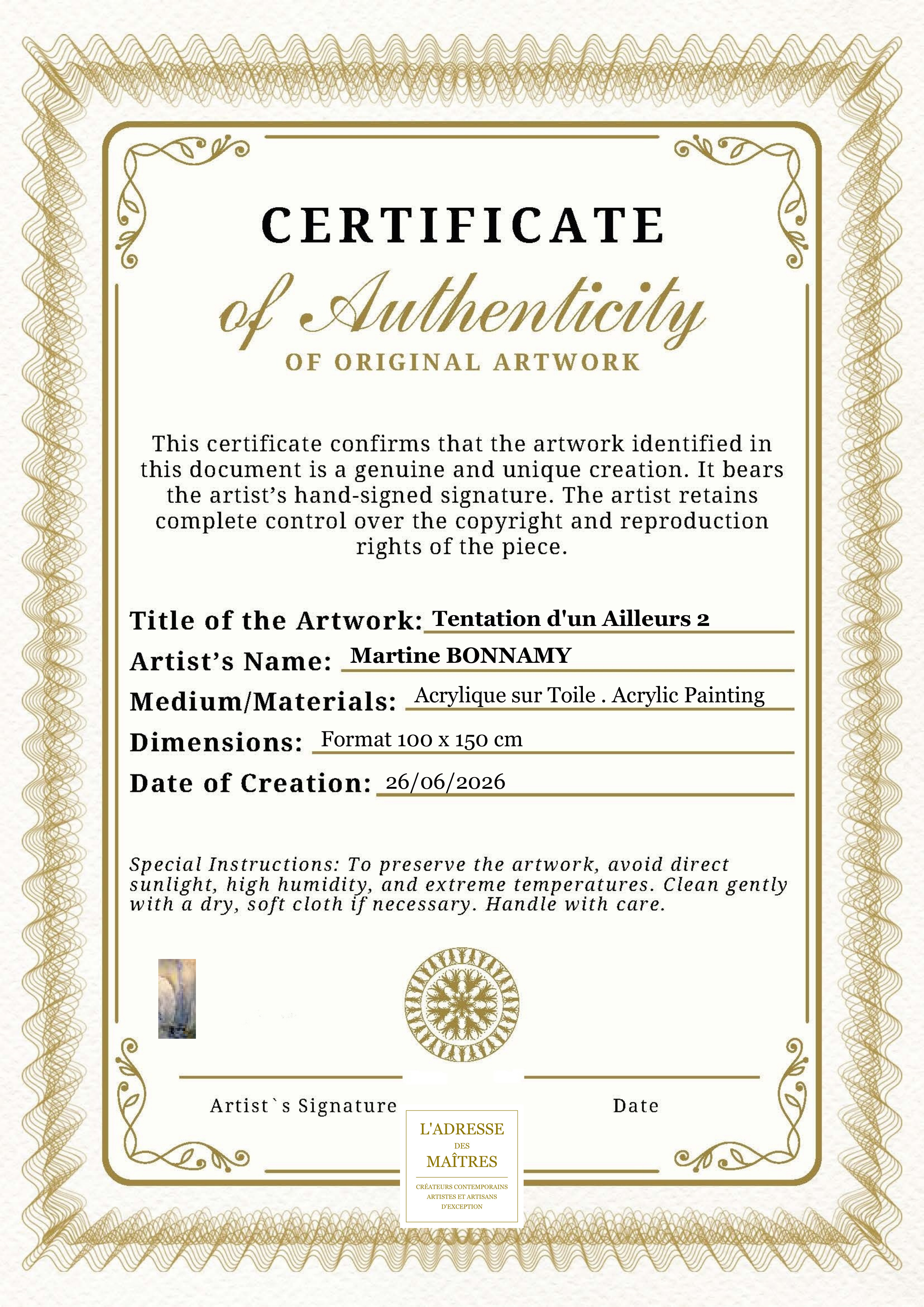 Certificat d'authenticité — Tentation d'un Ailleurs 2 — Martine BONNAMY