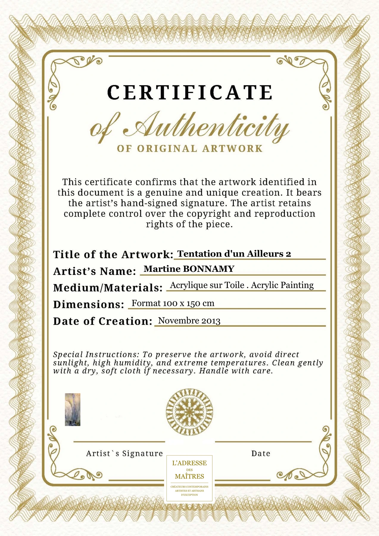 Certificat d'authenticité - Tentation d'un Ailleurs 2 - Martine BONNAMY