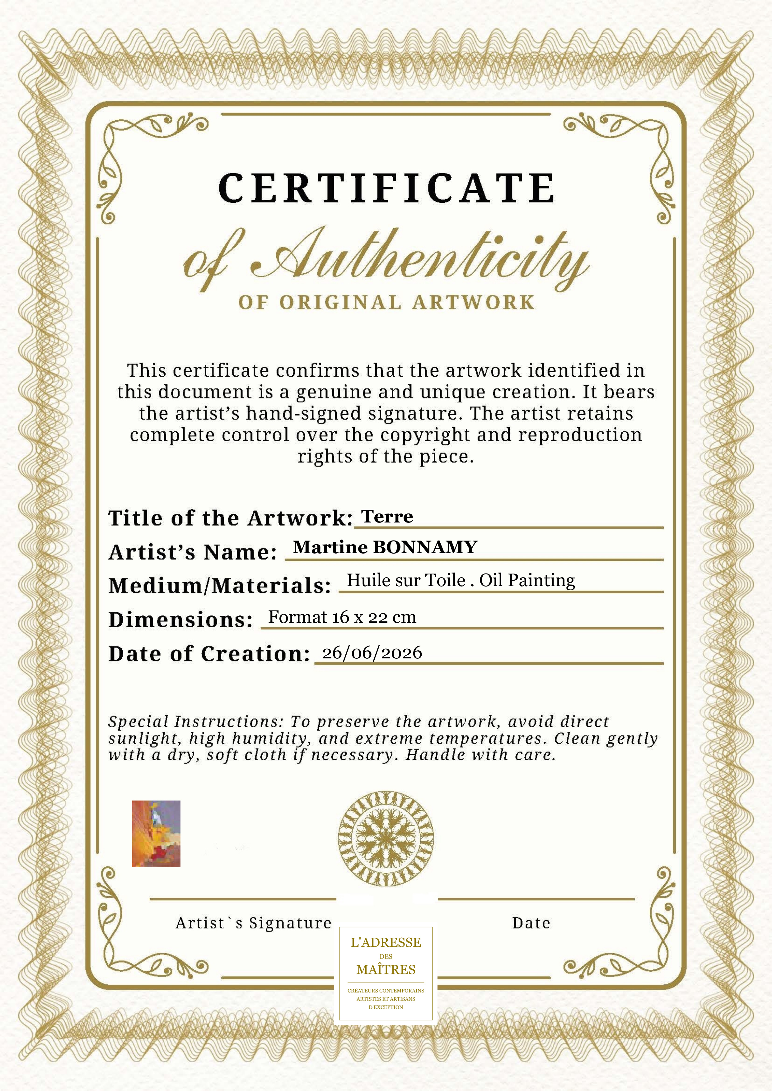Certificat d'authenticité — Terre — Martine BONNAMY