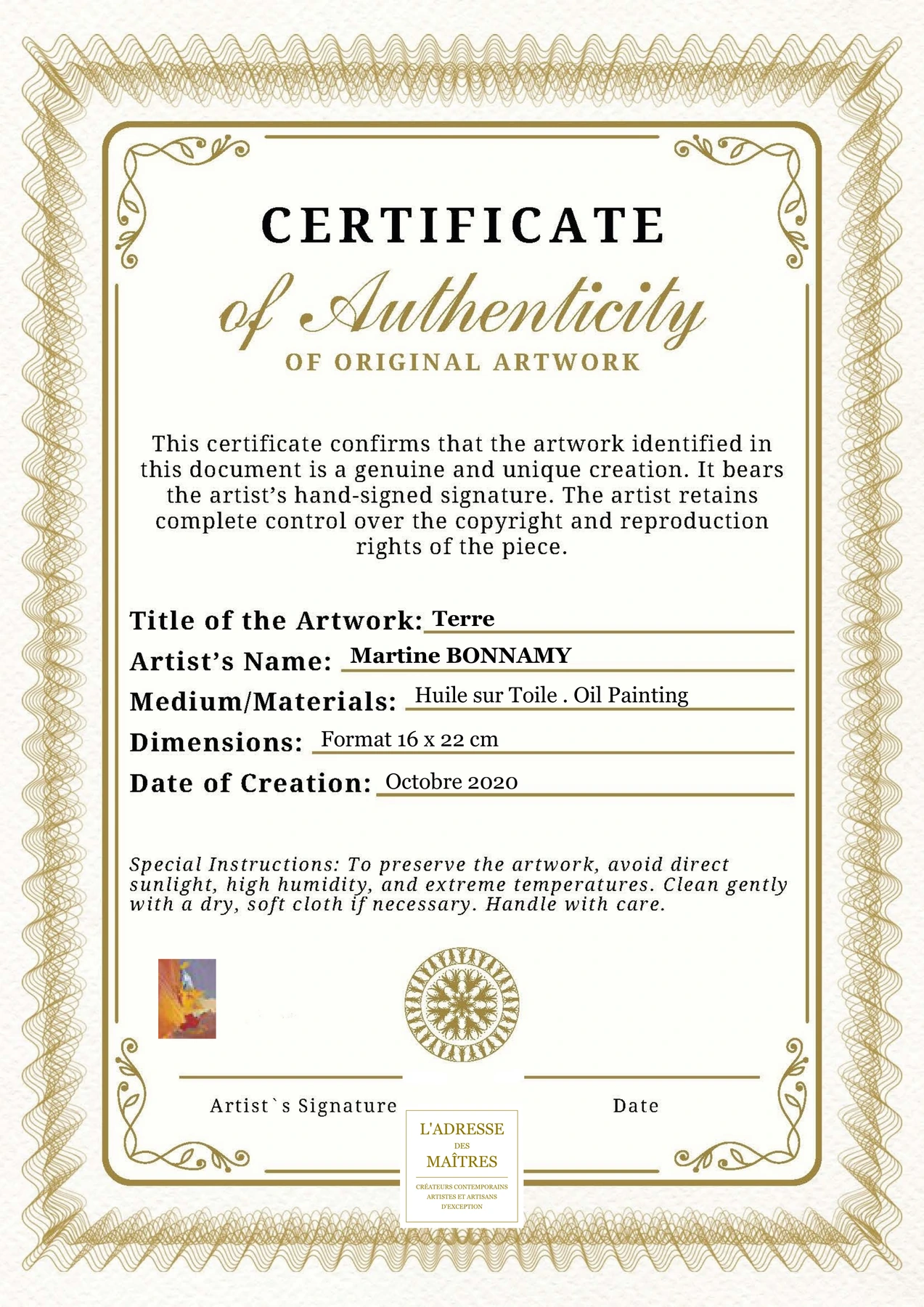 Certificat d'authenticité - Terre - Martine BONNAMY