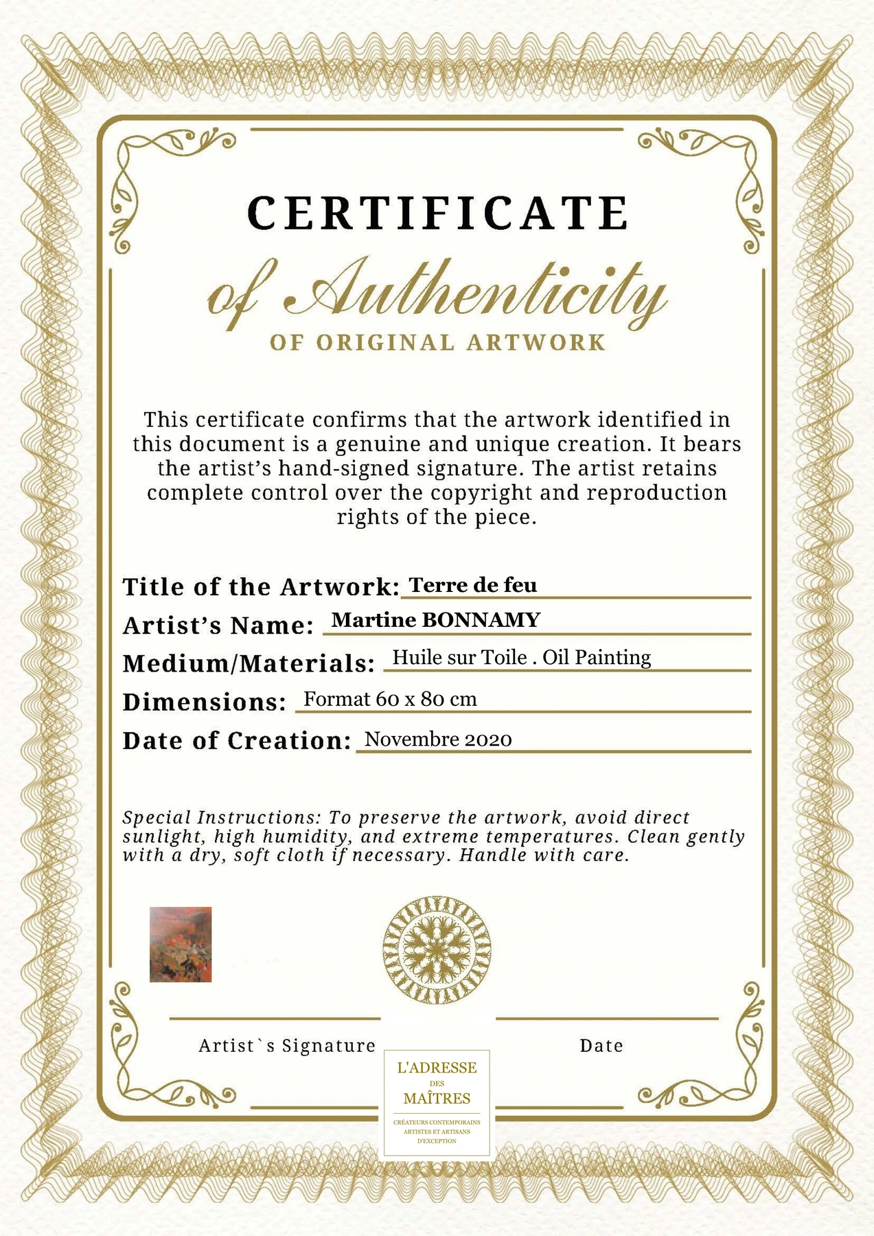 Certificat d'authenticité - Terre de feu - Martine BONNAMY