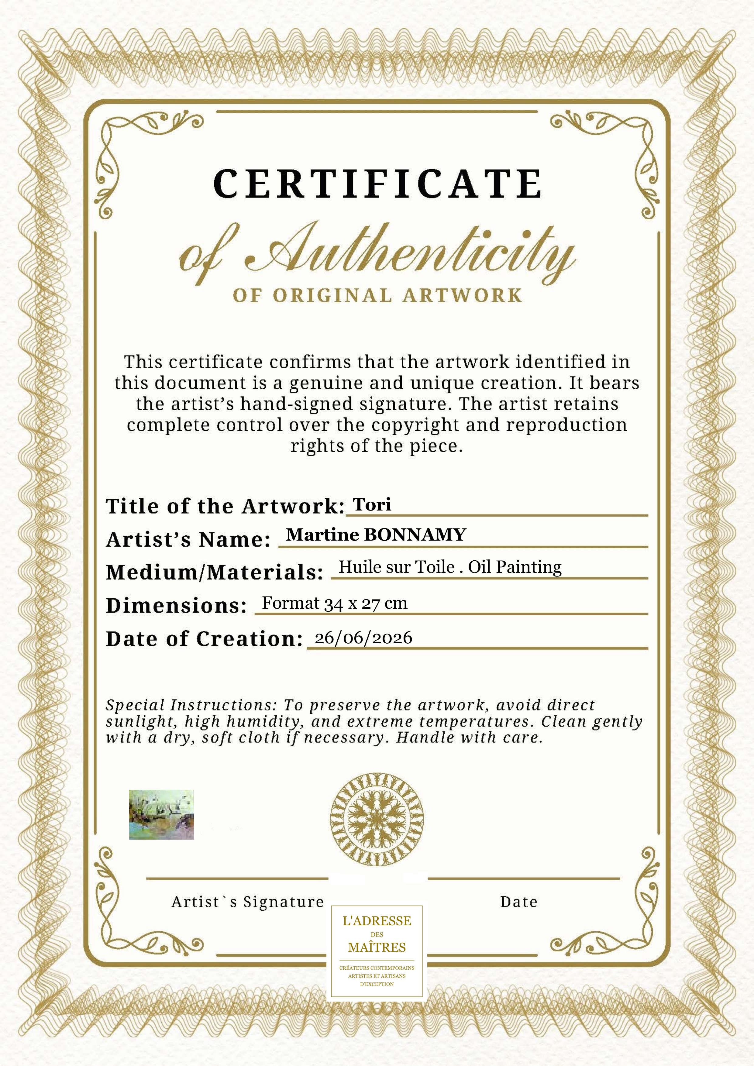 Certificat d'authenticité — Tori — Martine BONNAMY