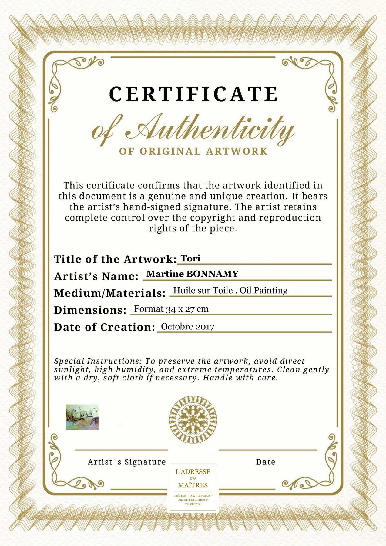 Certificat d'authenticité - Tori - Martine BONNAMY