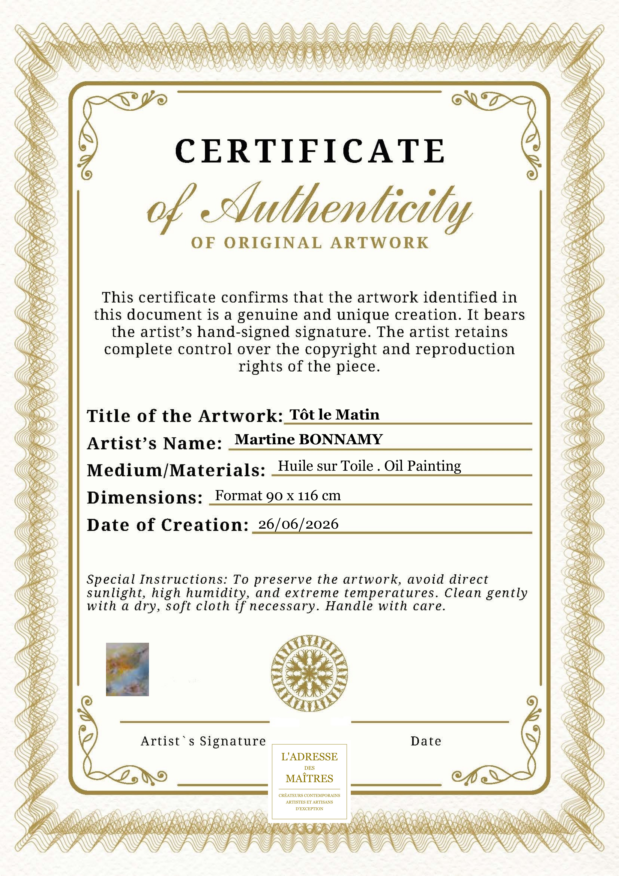 Certificat d'authenticité — Tôt le Matin — Martine BONNAMY