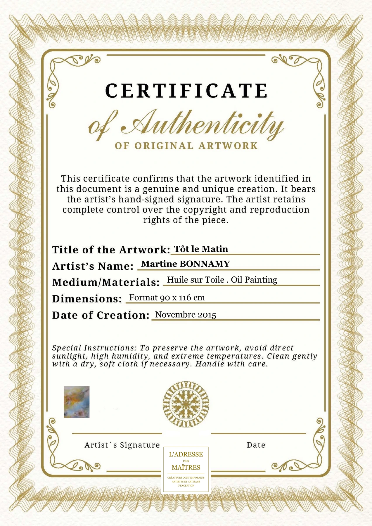 Certificat d'authenticité - Tôt le Matin - Martine BONNAMY