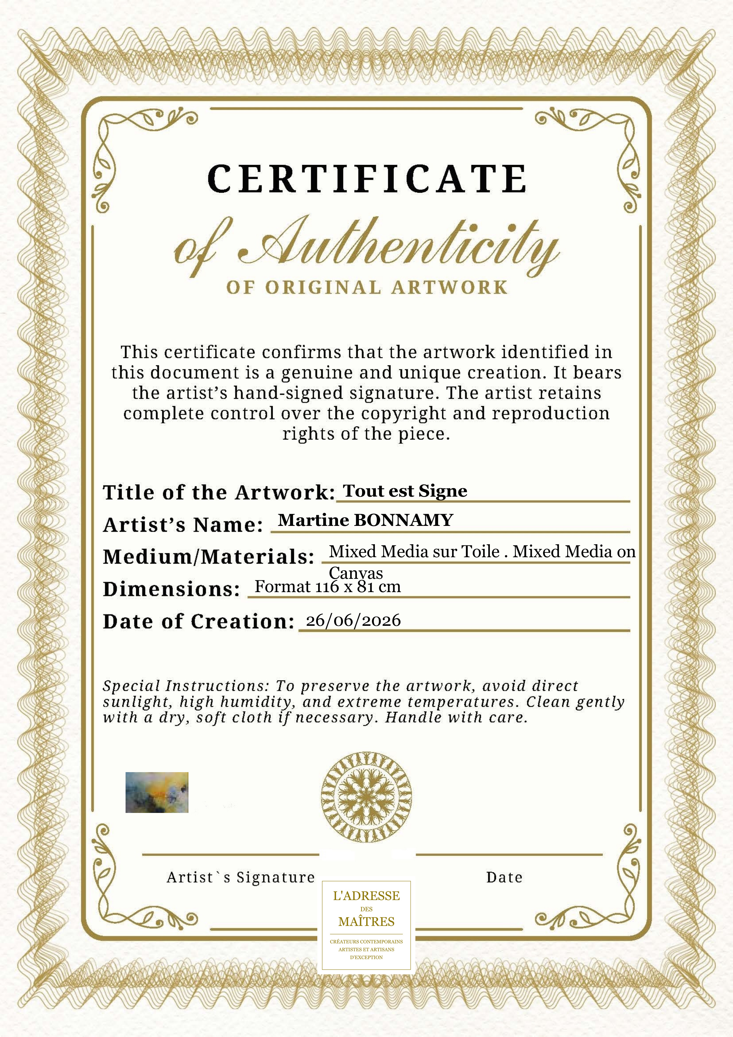Certificat d'authenticité — Tout est Signe — Martine BONNAMY