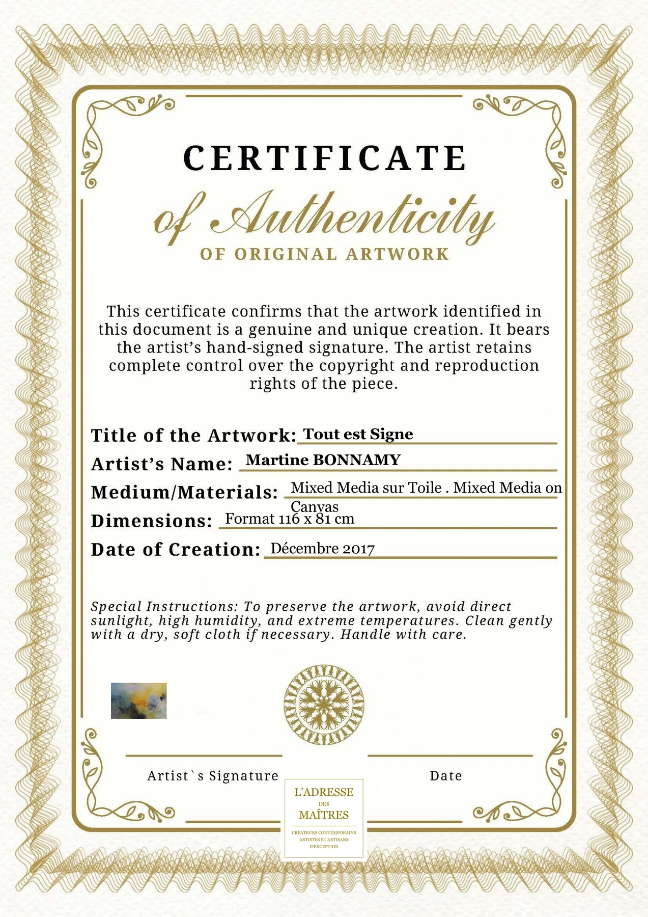 Certificat d'authenticité - Tout est Signe - Martine BONNAMY