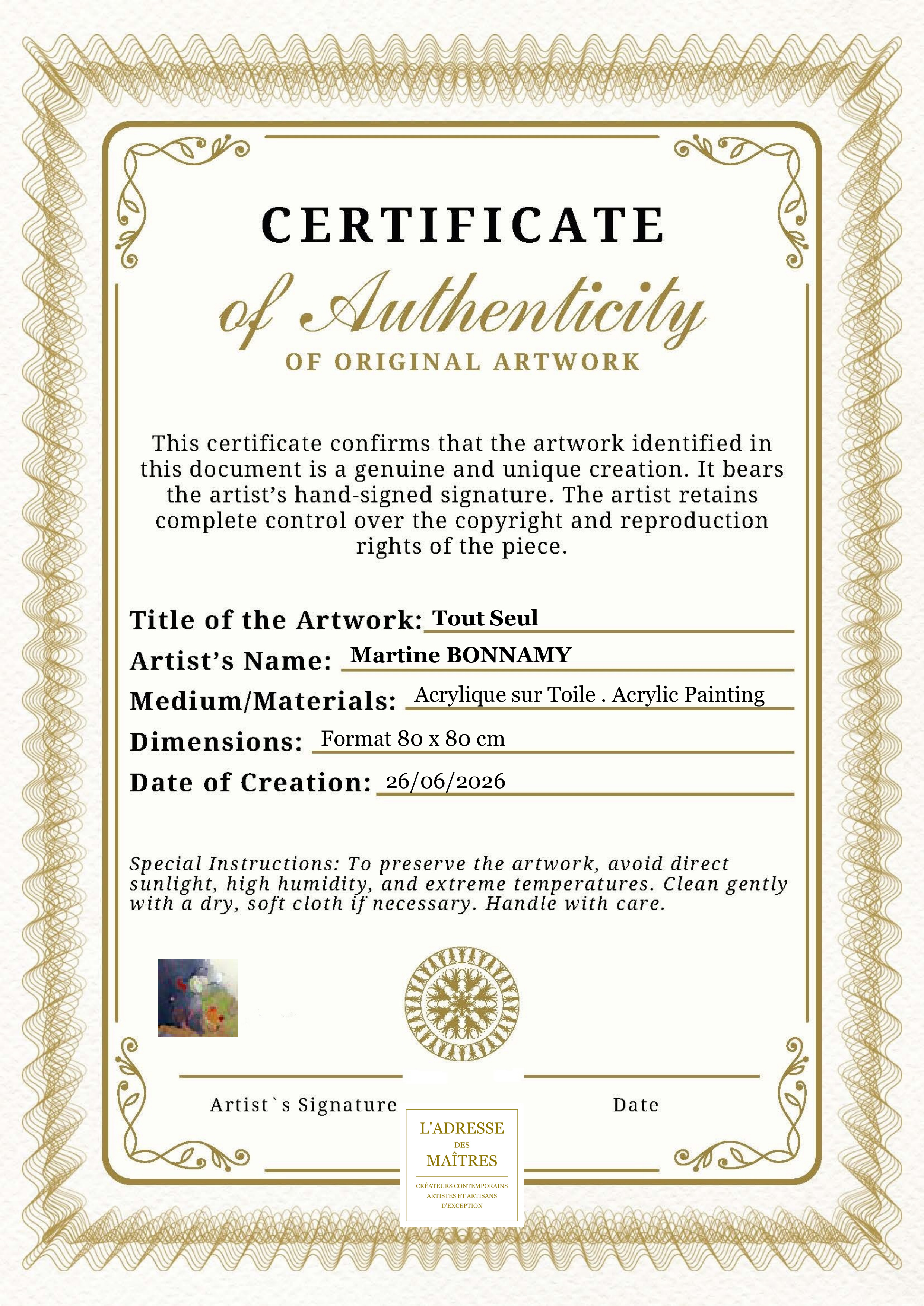 Certificat d'authenticité — Tout Seul — Martine BONNAMY