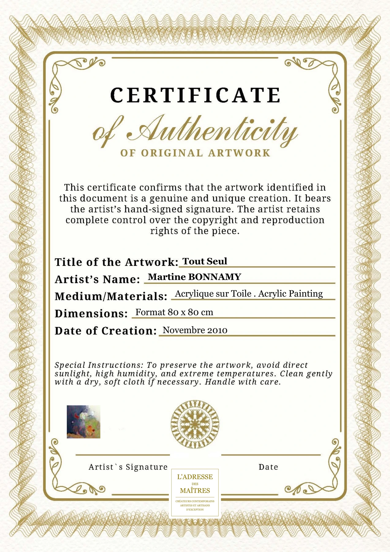 Certificat d'authenticité - Tout Seul - Martine BONNAMY