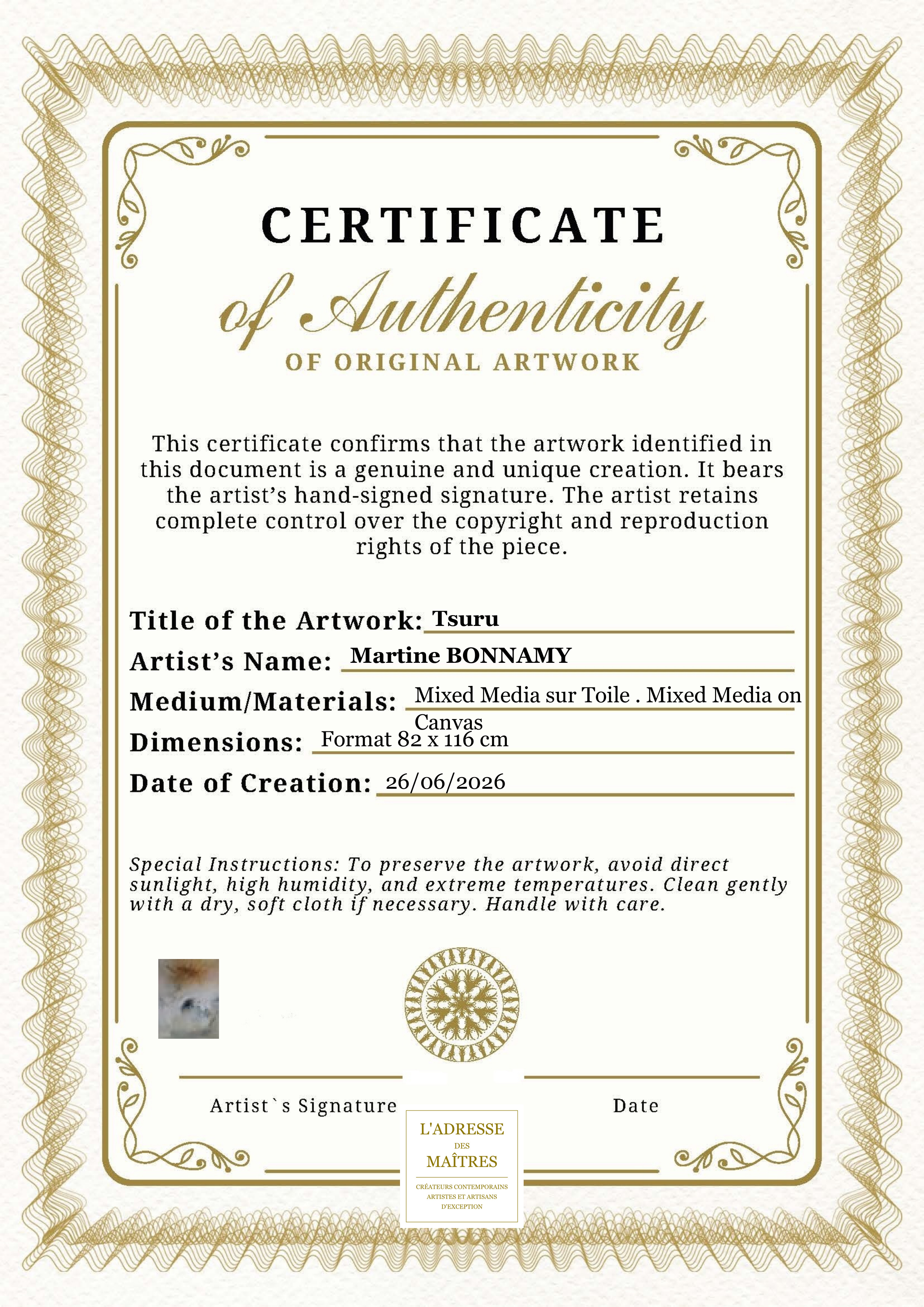Certificat d'authenticité — Tsuru — Martine BONNAMY