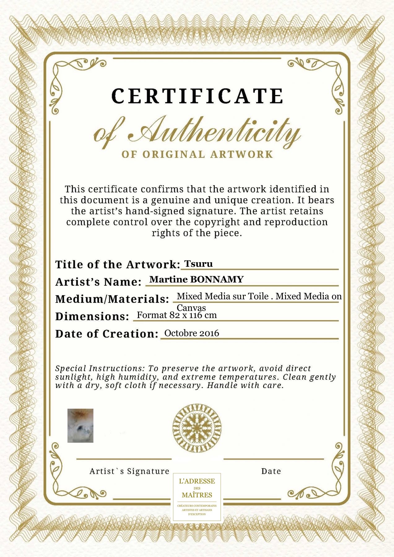 Certificat d'authenticité - Tsuru - Martine BONNAMY