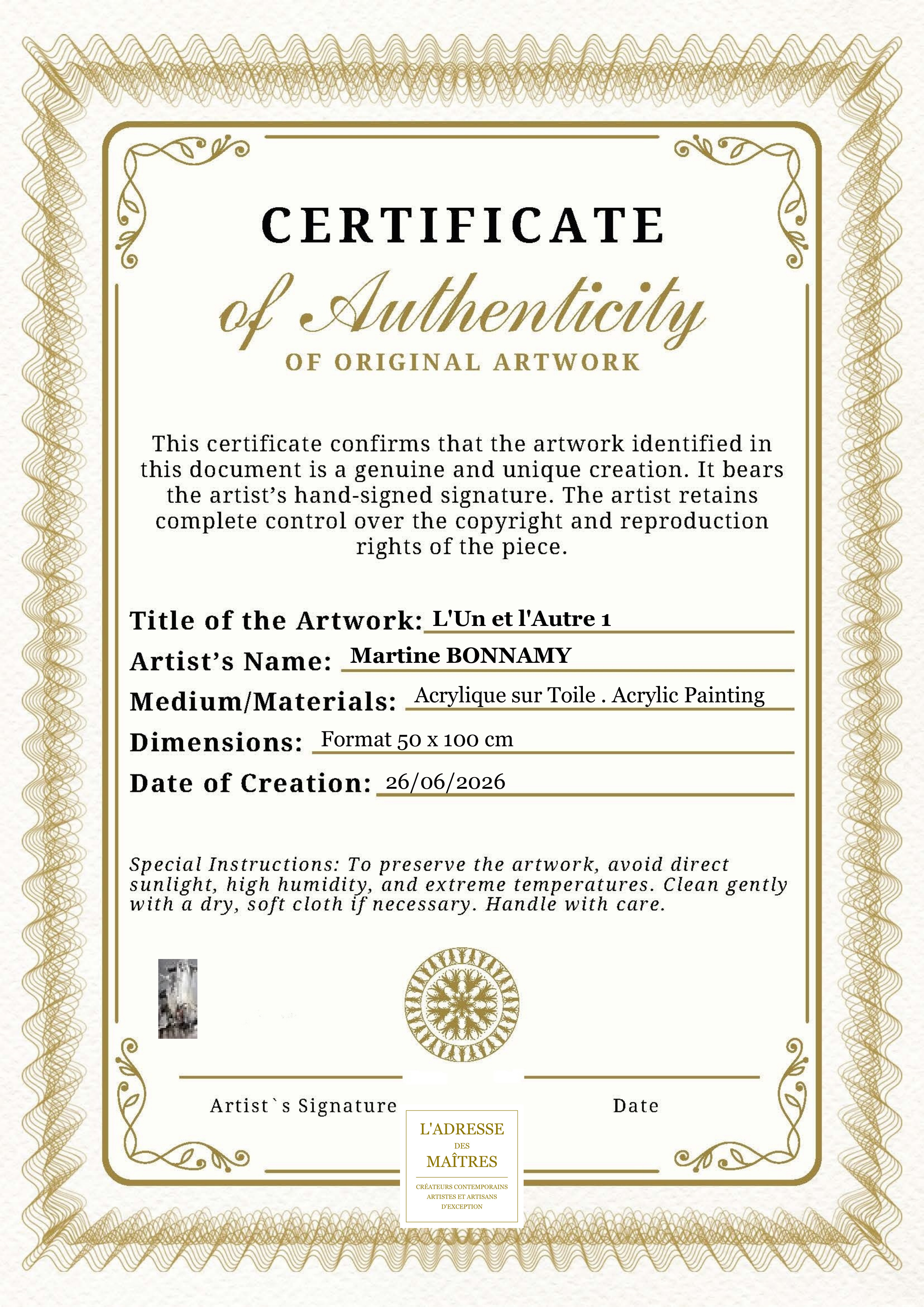 Certificat d'authenticité — L'Un et l'Autre 1 — Martine BONNAMY