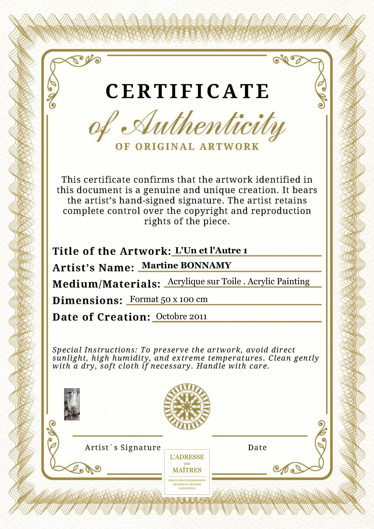 Certificat d'authenticité - L'Un et l'Autre 1 - Martine BONNAMY