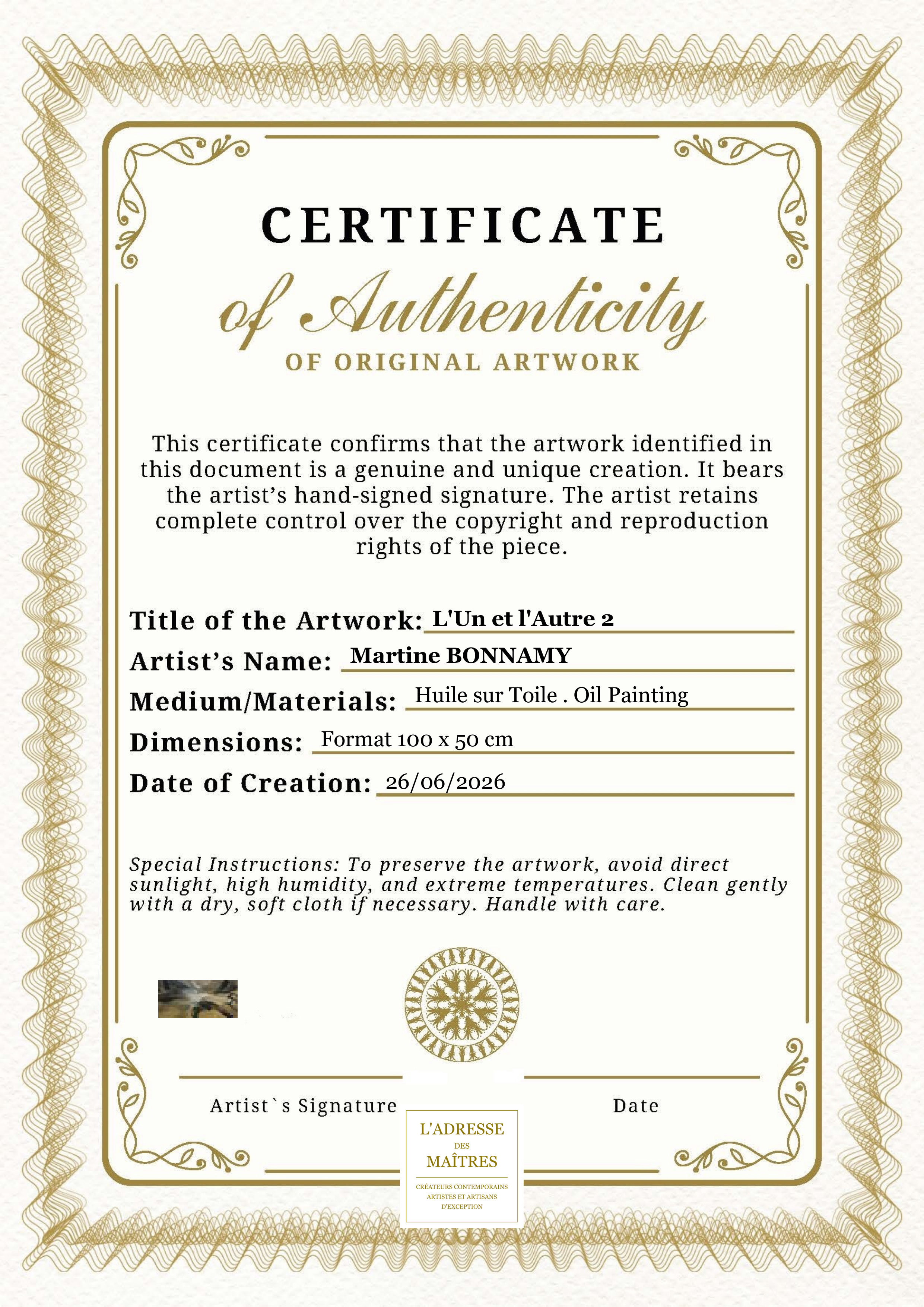 Certificat d'authenticité — L'Un et l'Autre 2 — Martine BONNAMY