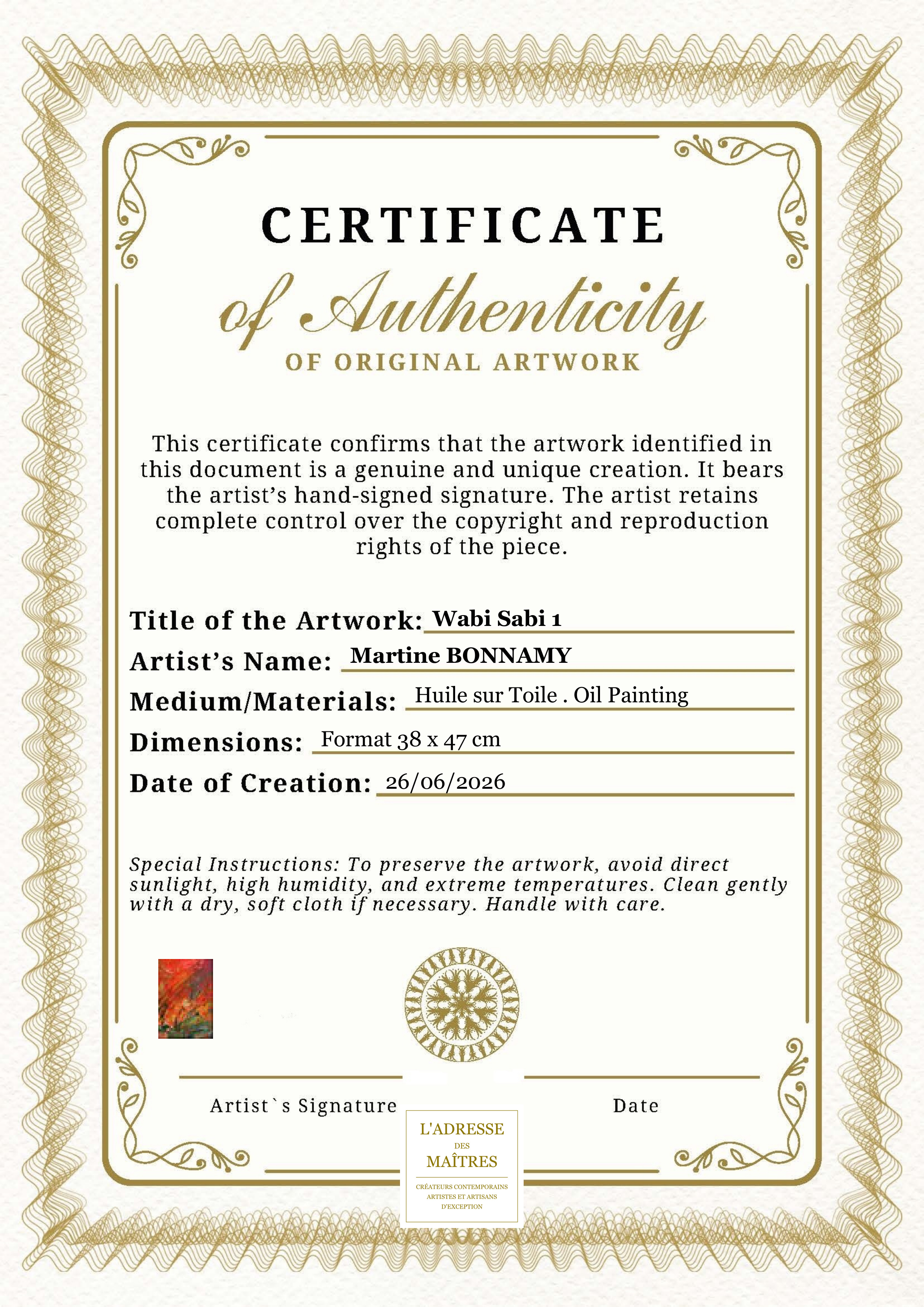 Certificat d'authenticité — Wabi Sabi 1 — Martine BONNAMY