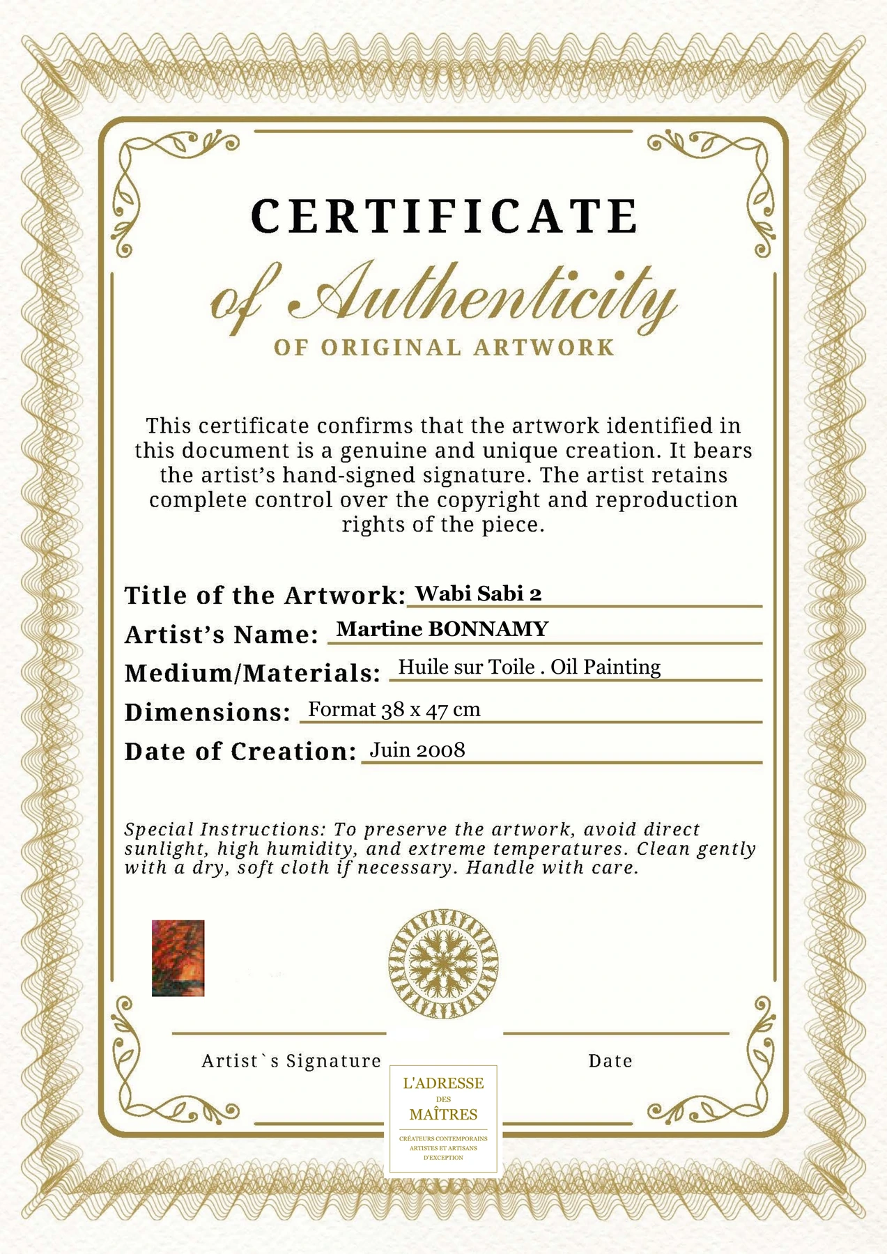 Certificat d'authenticité - Wabi Sabi 2 - Martine BONNAMY