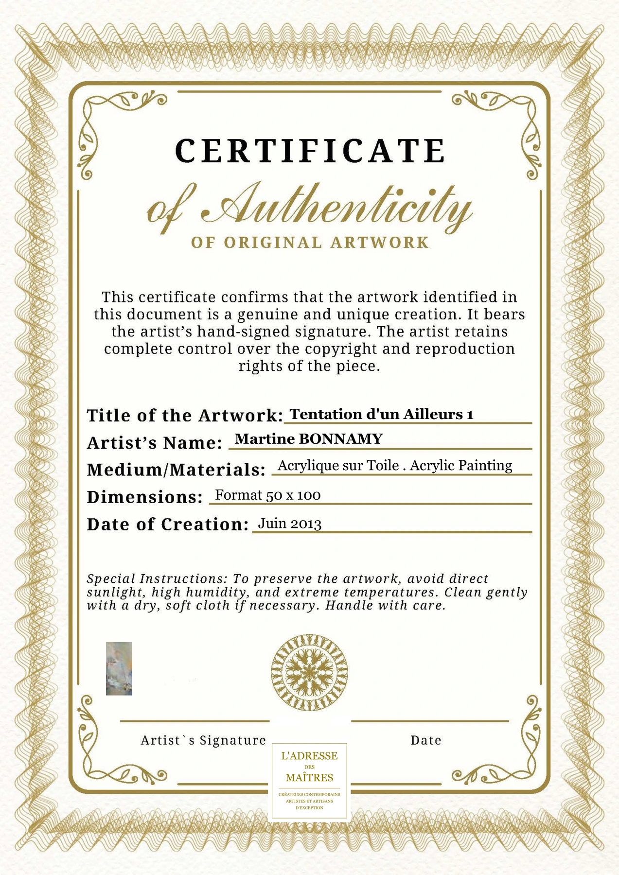 Certificat d'authenticité - Tentation d'un Ailleurs 1 - Martine BONNAMY