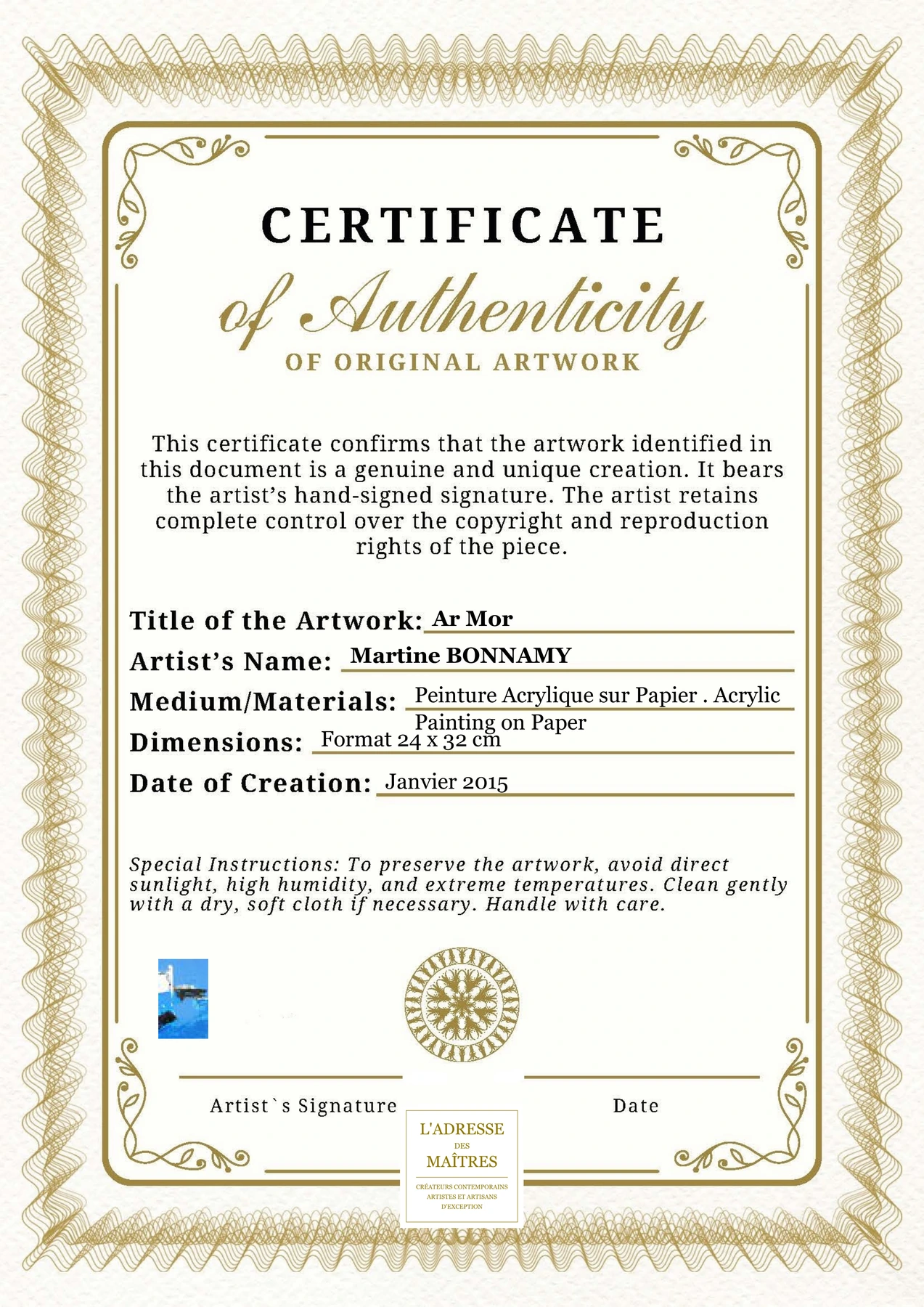 Certificat d'authenticité - Ar Mor - Martine BONNAMY