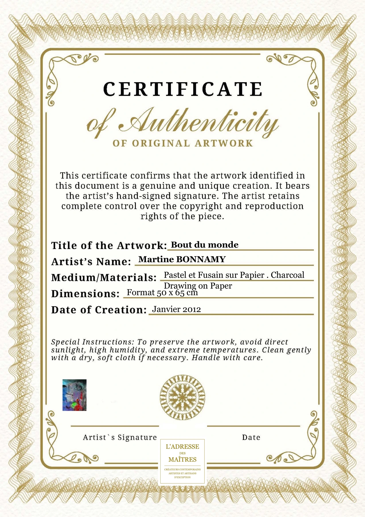 Certificat d'authenticité - Bout du monde - Martine BONNAMY