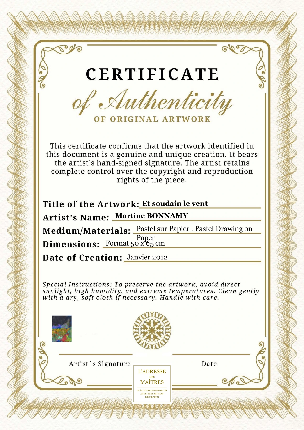 Certificat d'authenticité - Et soudain le vent - Martine BONNAMY